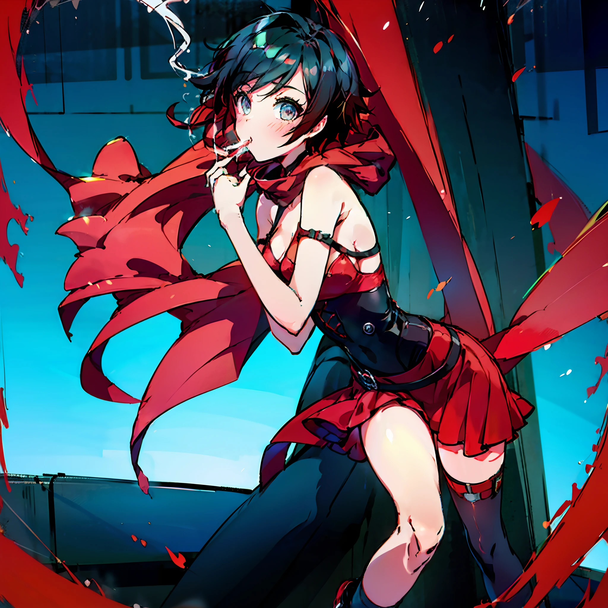 Full body of the character,The character has a large range of movement,The character is Ruby Rose in RWBY,Red and black hair,chiquita,Thin stature,Smoking, drinking and ,Super wears an oversized Little Red Riding Hood cape, but underneath erotic lingerie and fishnet stockings,The skin is very white,Nipple patches,Standing in the center of the stadium is like a prostitute picking up customers at an intersection late at night,The pose is raucous