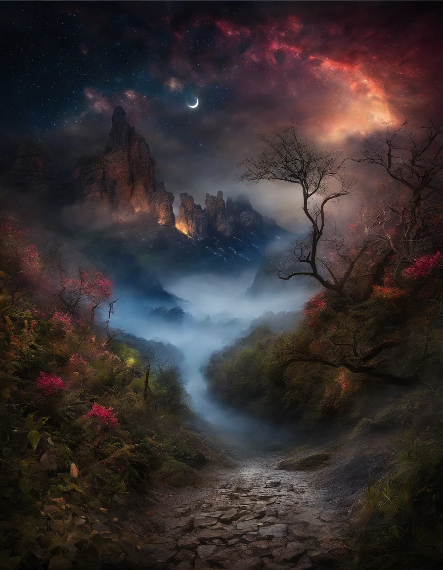 Magnificent view,Forest edge landscape photography Professional high-quality nature digital photography,Spring flowers bushes in the moonlight on a rainy night,precipice,Eau,Boulders,foggy sky,Traces of rain,Nightmare vision, Dark fantasy plot,Perfect and excellent composition,8K分辨率,the detail,Ultra-wide-angle distance shooting,background inside dark,Jack Guzman's environmental art photography,realisticlying,cinematic compositions,Volumetriclighting,A high resolution,vividness, A detailed, Stunning sky,Colorful clouds float,true to life, Pubic area is clear, flawless perfection, Digital SLR, 1024, 2048, 4096, A detailed, Sharp, best qualtiy, high qulity, absurderes,unmanned background,The is very detailed、Detailed lighting shadows,Trends on ArtStation、iintricate、high detal、dramatics、Midjourney Art(Volumetriclighting:1.2)hdr shot。(Faraway view,Super deep view,ultra-wide-angle,Microfocal length lens:1.2)(realisticlying:1.4)tmasterpiece、high high quality、Beautiful photography、globalillumination、