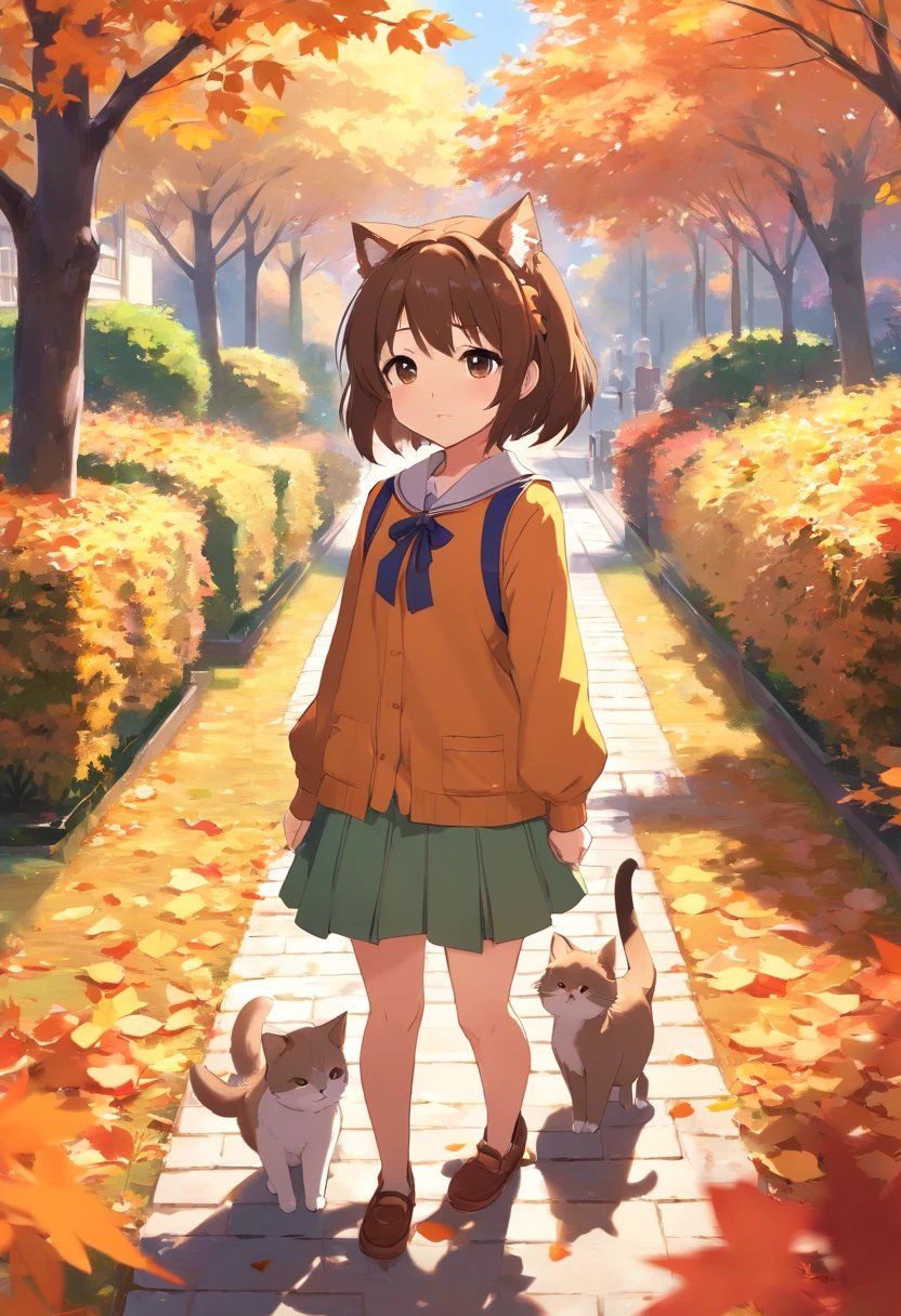 Anime cat-eared girl in autumn clothes standing in the garden of autumn leaves, Lori in dress having breakfast, small curvy , artwork in the style of guweiz, guweiz on pixiv artstation, guweiz on artstation pixiv, guweiz, small lolil, soft anime illustration, Anime visuals of cute girls, Detailed Digital Anime Art,(((No arm frills required)))