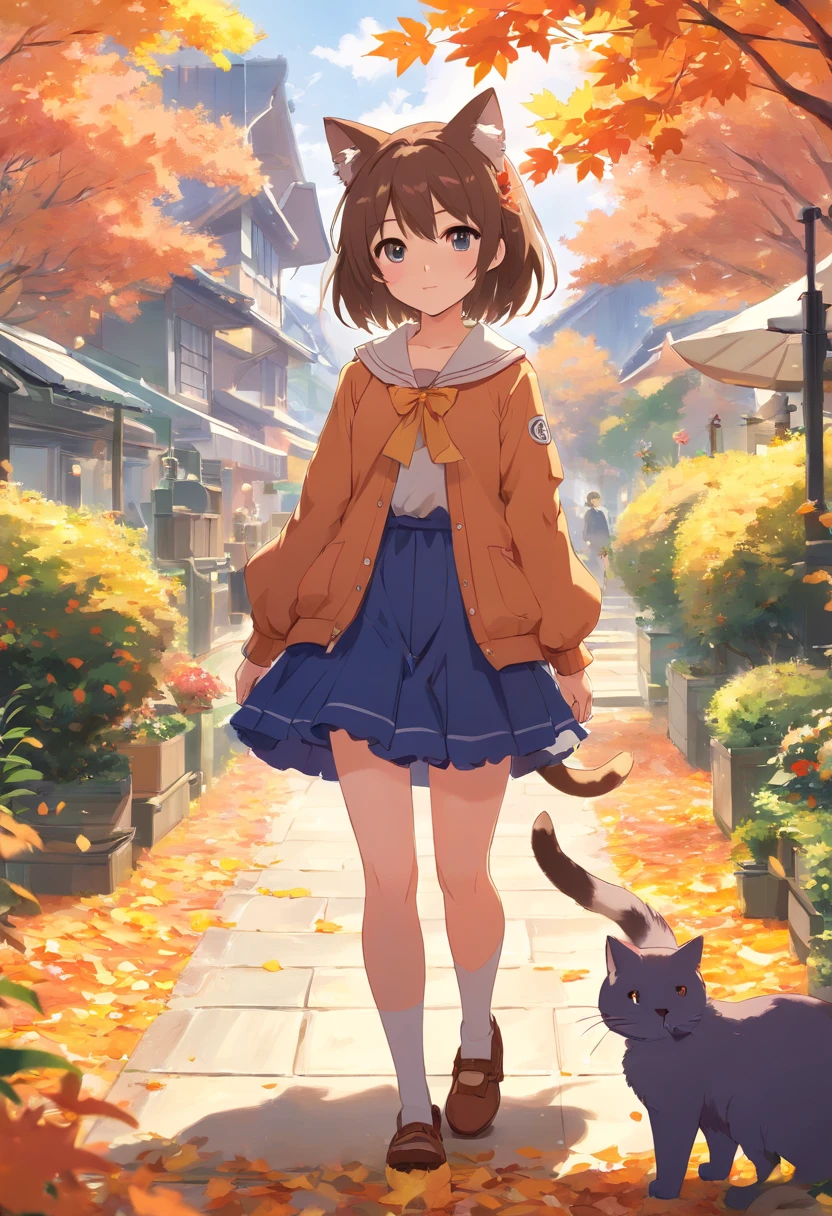 Anime cat-eared girl in autumn clothes standing in the garden of autumn leaves, Lori in dress having breakfast, small curvy , artwork in the style of guweiz, guweiz on pixiv artstation, guweiz on artstation pixiv, guweiz, small lolil, soft anime illustration, Anime visuals of cute girls, Detailed Digital Anime Art,(((No arm frills required)))
