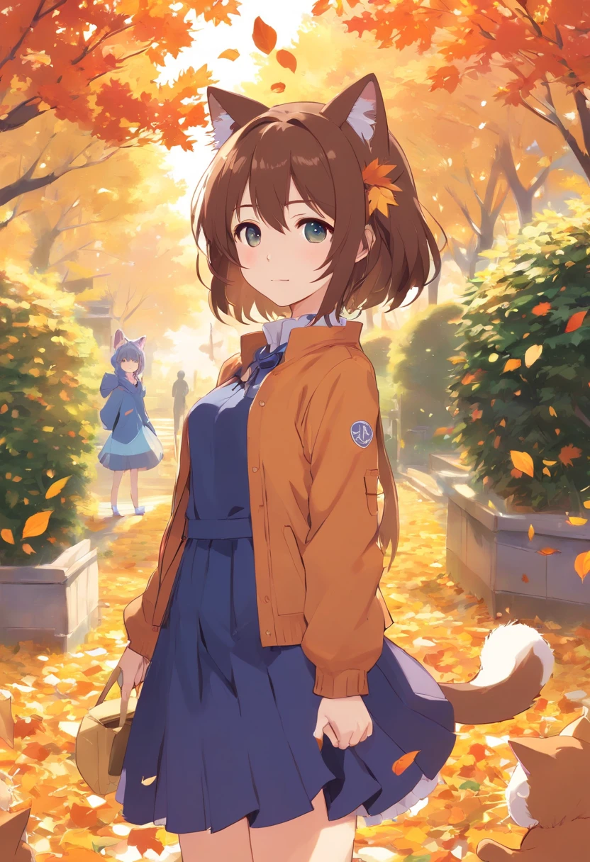 Anime cat-eared girl in autumn clothes standing in the garden of autumn leaves, Lori in dress having breakfast, small curvy , artwork in the style of guweiz, guweiz on pixiv artstation, guweiz on artstation pixiv, guweiz, small lolil, soft anime illustration, Anime visuals of cute girls, Detailed Digital Anime Art,(((No arm frills required)))