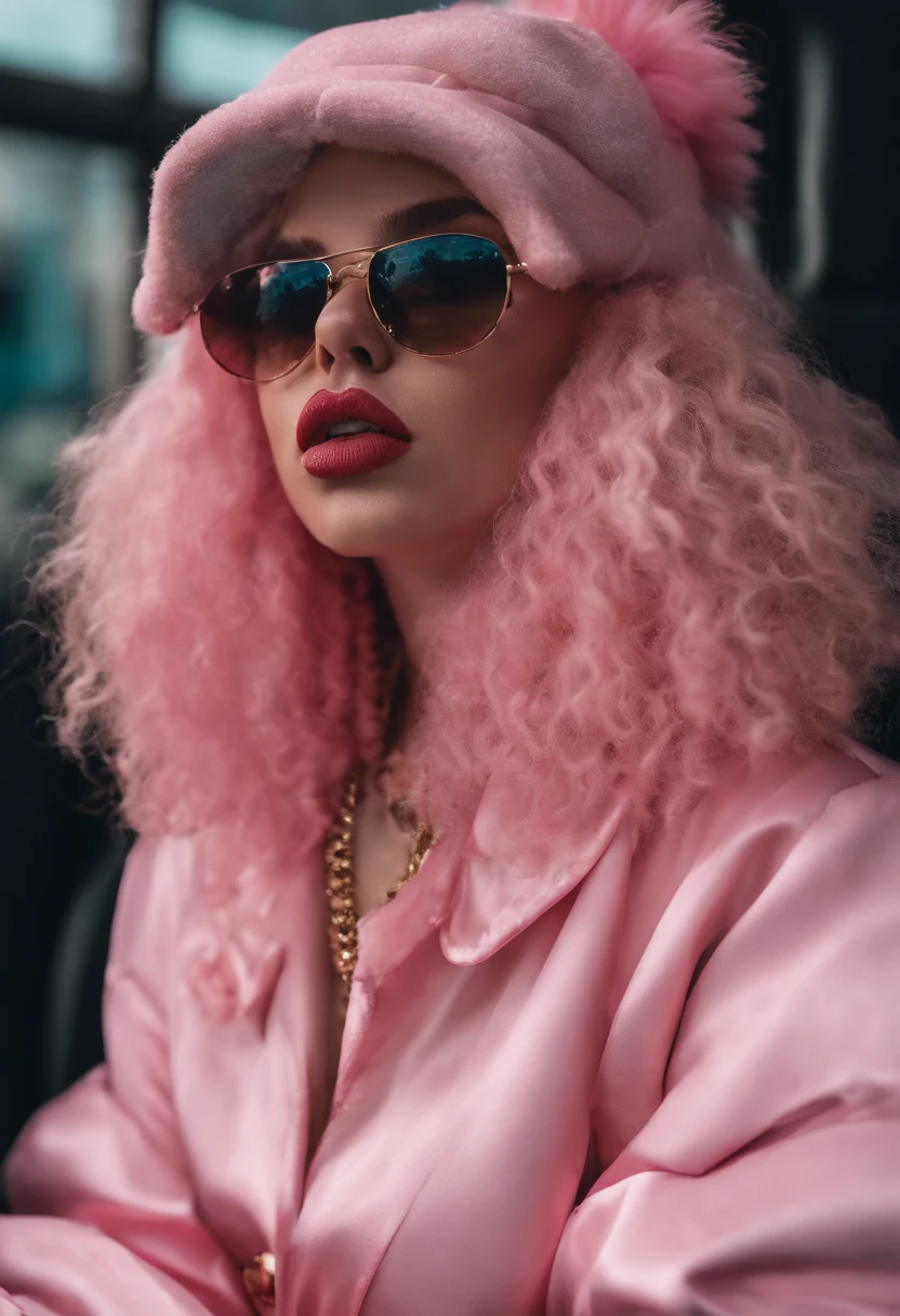Billie Eilish ,poodle outfit costume,gloves,hands gripping brests,hat,eyes crossed inwards ,tongue out,ahageo face,hot girl,pretty,sxy,giant brests, pink hair, nothing covering chest, moning, hypnotized, wet, soaked, dripping out of mouth,