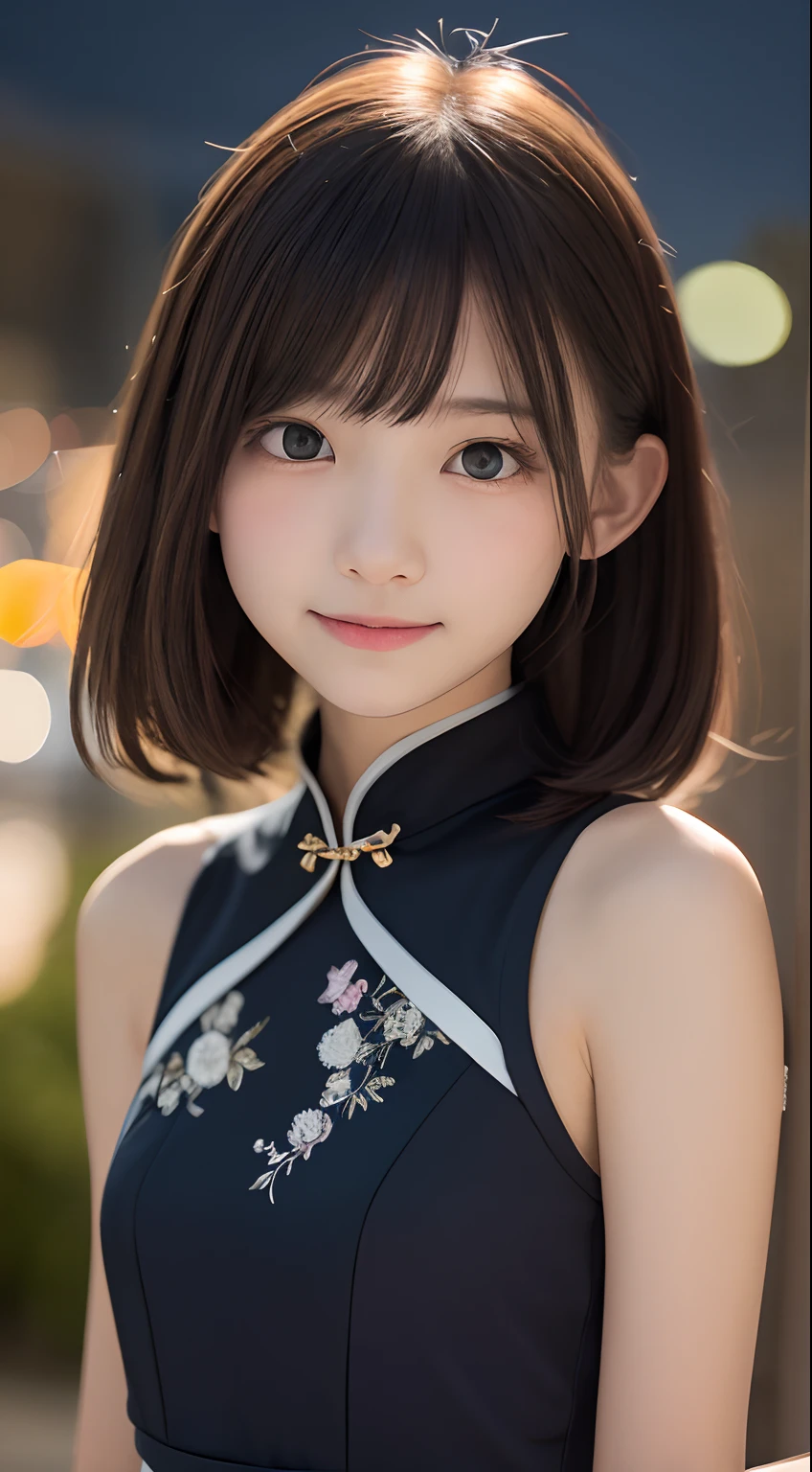 masutepiece, Best Quality, 8K, , Raw photo, absurderes, award winning portrait, Smile, Solo, (Night:1.8), Idol face, violaceaess, Delicate girl, Upper body, Digital SLR, Looking at Viewer, Candid, Sophisticated,Thin arms, Professional Lighting, Film grain, chromatic abberation, (Eyes and faces with detailed:1.0), (Bokeh:1.1) , (qipao dress:1.0) , closes mouth