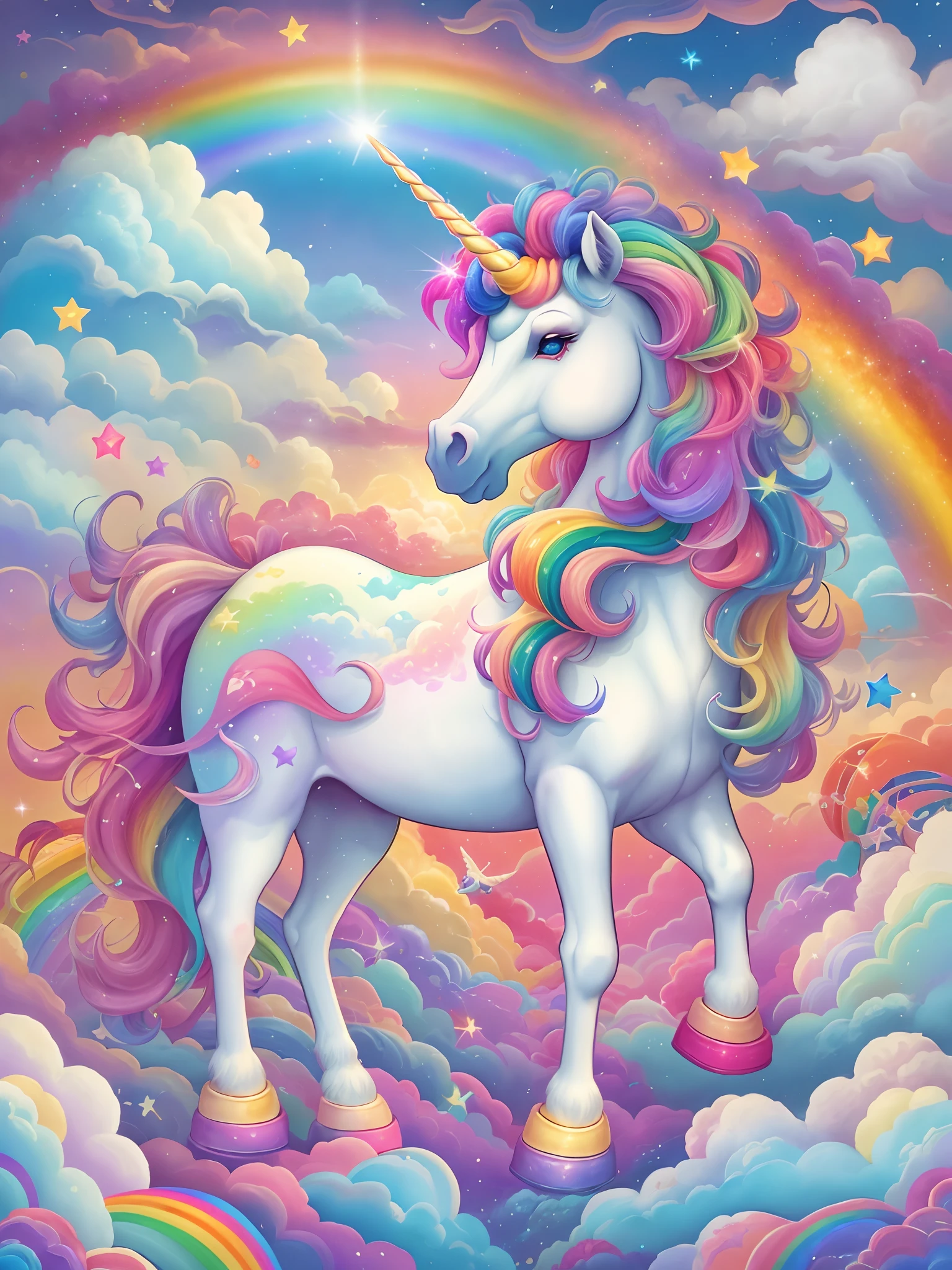 （（There are rainbows in the sky））,Fluffy clouds， bright rainbow nimbus, unicorn, Rainbow, ethereal rainbow nimbus, white unicorn, author：lisa frank, in a lisa frank art style, lisa - frank, bright light masterpiece, beautiful gorgeous digital art