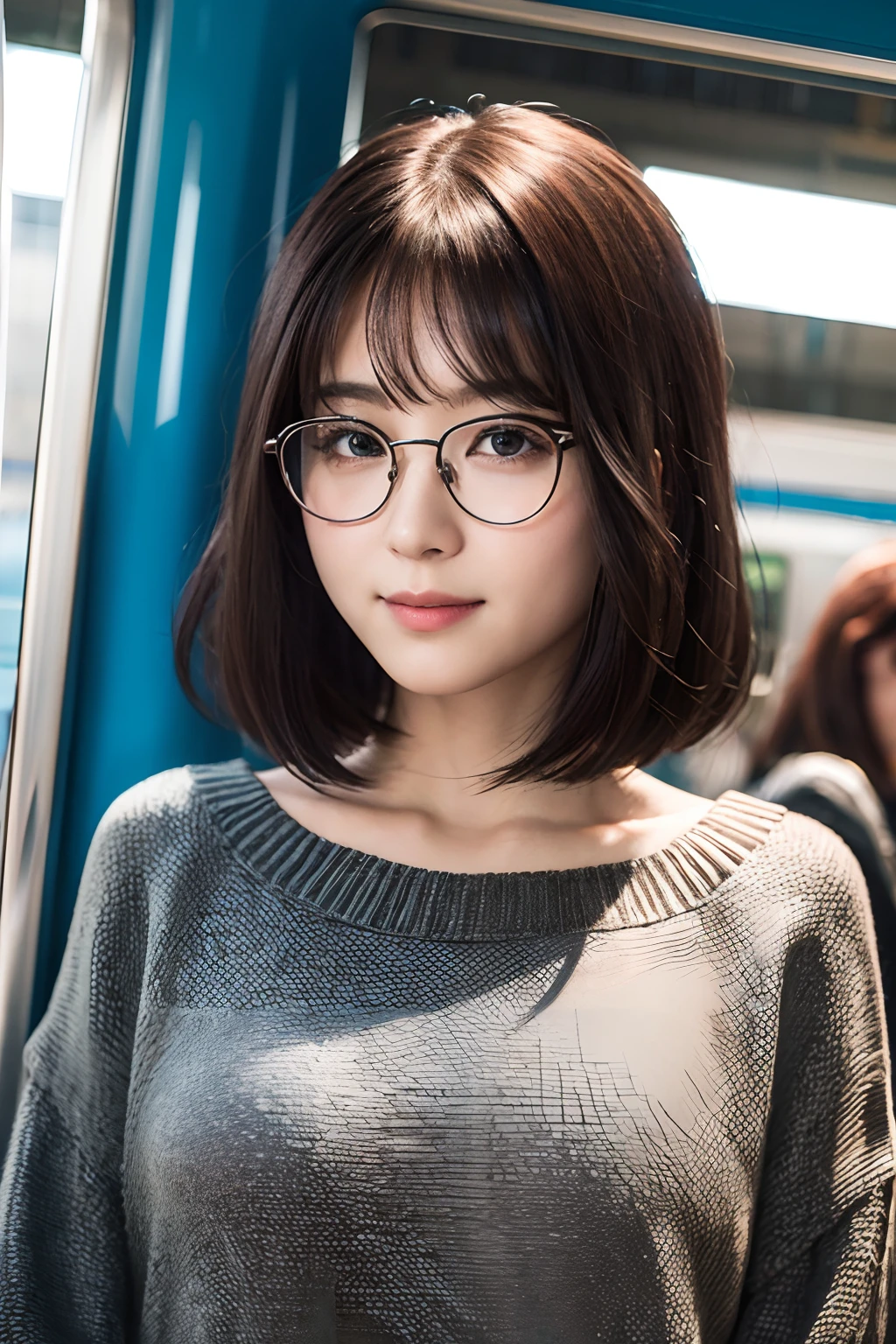 (8K、Raw photography、top-quality、masterpiece:1.2)、(realisitic、Photorealsitic:1.37)、ultra-detailliert、超A high resolution、1人、see the beholder、beautifull detailed face、A smile、Constriction、(Slim waist) :1.3)、short-cut、Beautiful detailed skin、Winter clothes、Skin Texture、Floating hair、Professional Lighting、Wait for the platform train、Black square glasses 、Whole human body、Black hair、Stations in residential areas、