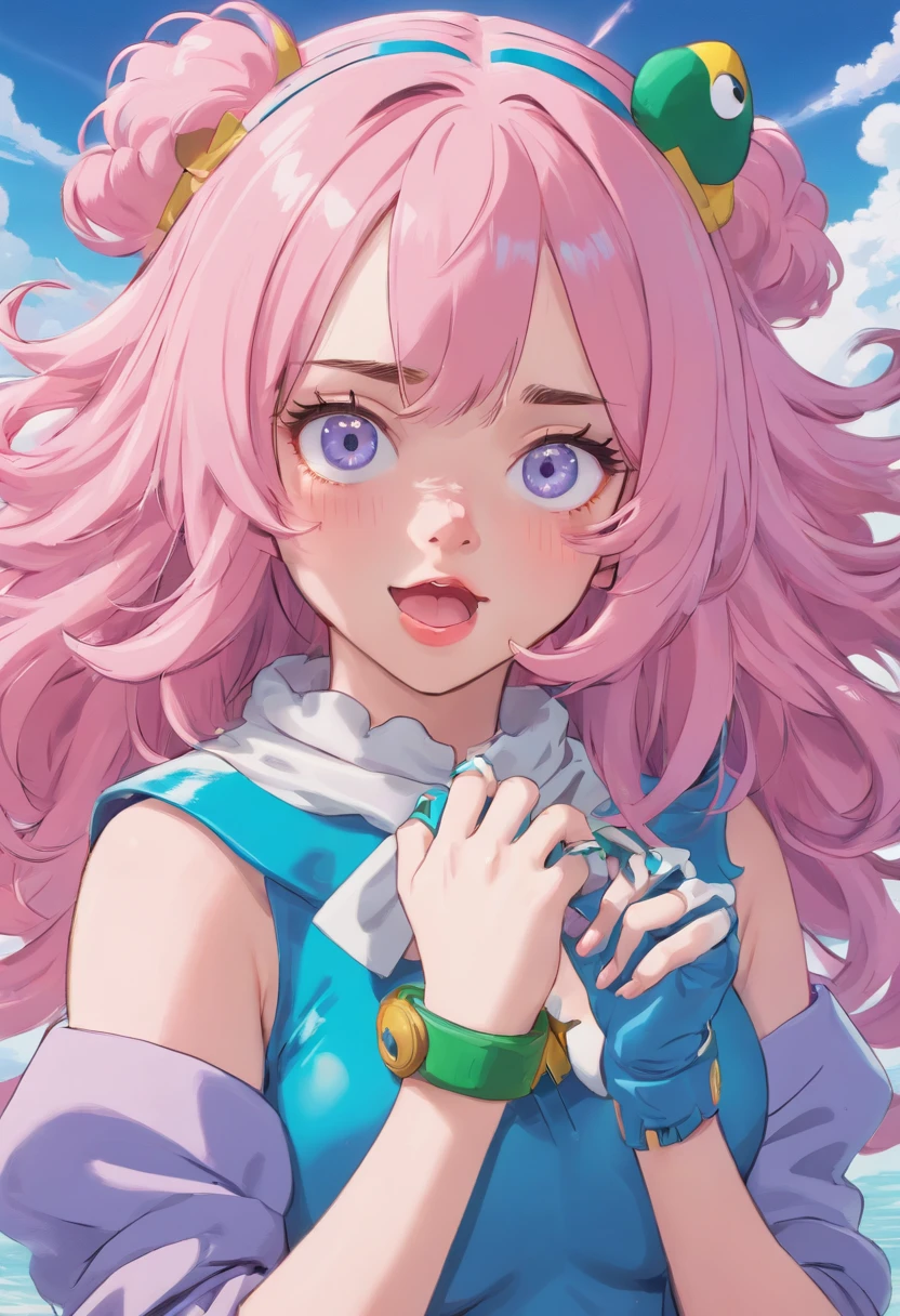 Billie Eilish ,poodle outfit costume,gloves,hands gripping brests,hat,eyes crossed inwards ,tongue out,ahageo face,hot girl,pretty,sxy,giant brests, pink hair, nothing covering chest, moning, hypnotized, wet, soaked, dripping out of mouth,