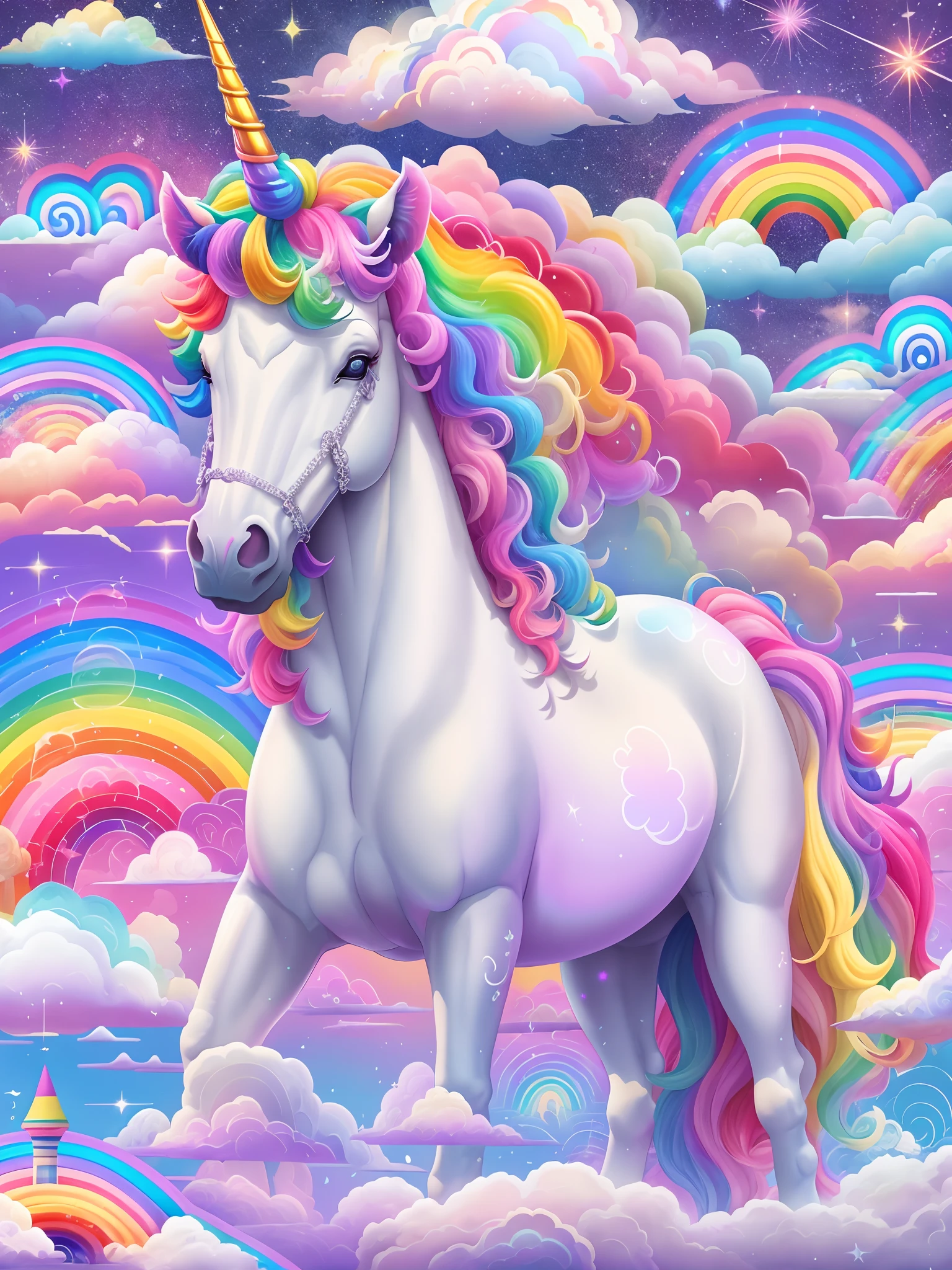 ((There are rainbows in the sky)),Fluffy clouds, bright rainbow nimbus, unicorn, Rainbow, ethereal rainbow nimbus, white unicorn, author:lisa frank, in a lisa frank art style, lisa - frank, bright light masterpiece, beautiful gorgeous digital art