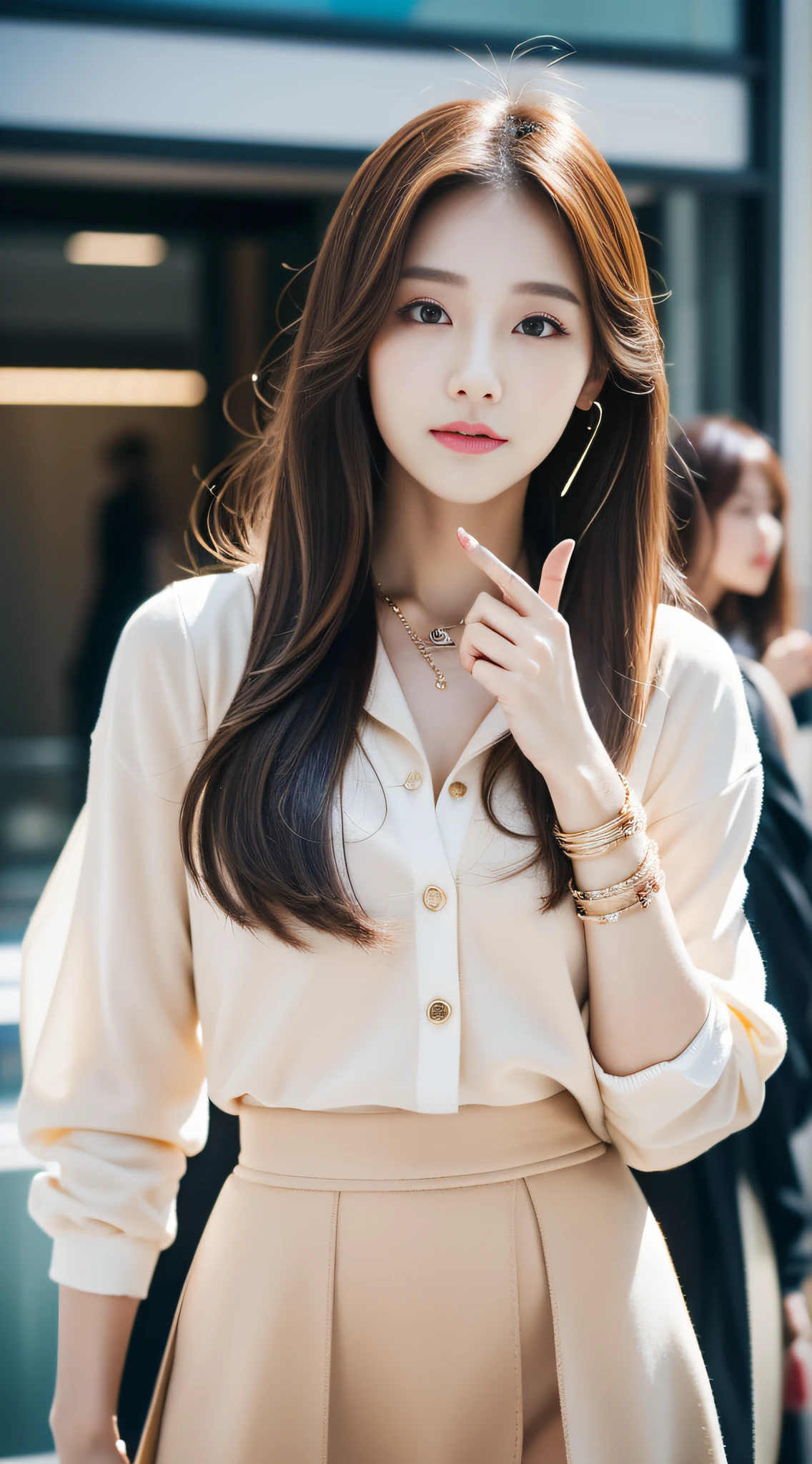 surrealistic、top-quality、 超A high resolution、Nikon Z 85mm、(｛（Raw foto:1.2）｝)natural soft light、profetional lighting、 realisitic、Super live-action、Photorealistic miniskirt、Perfect raw legs、delicate legs、 perfectly proportions、A sexy、 ulzzang -6500-v1.1, detailed beautiful faces、A detailed eye,Detailed lips,Beautiful eyebrows,perfectly proportions、Japanese ido,Korean Idols,18 year old beautiful woman revealing fashion, Fashion influenced by Namie Amuro,Amler,Amler Women,,９０Wearing the trends of the times,micromini skirt,Wear platform boots,City of Shibuya, Women with good style,Ideal woman,The shape of the chest is beautiful,１Woman,Necklaces that match fashion,A bracelet,piercings,gyuru