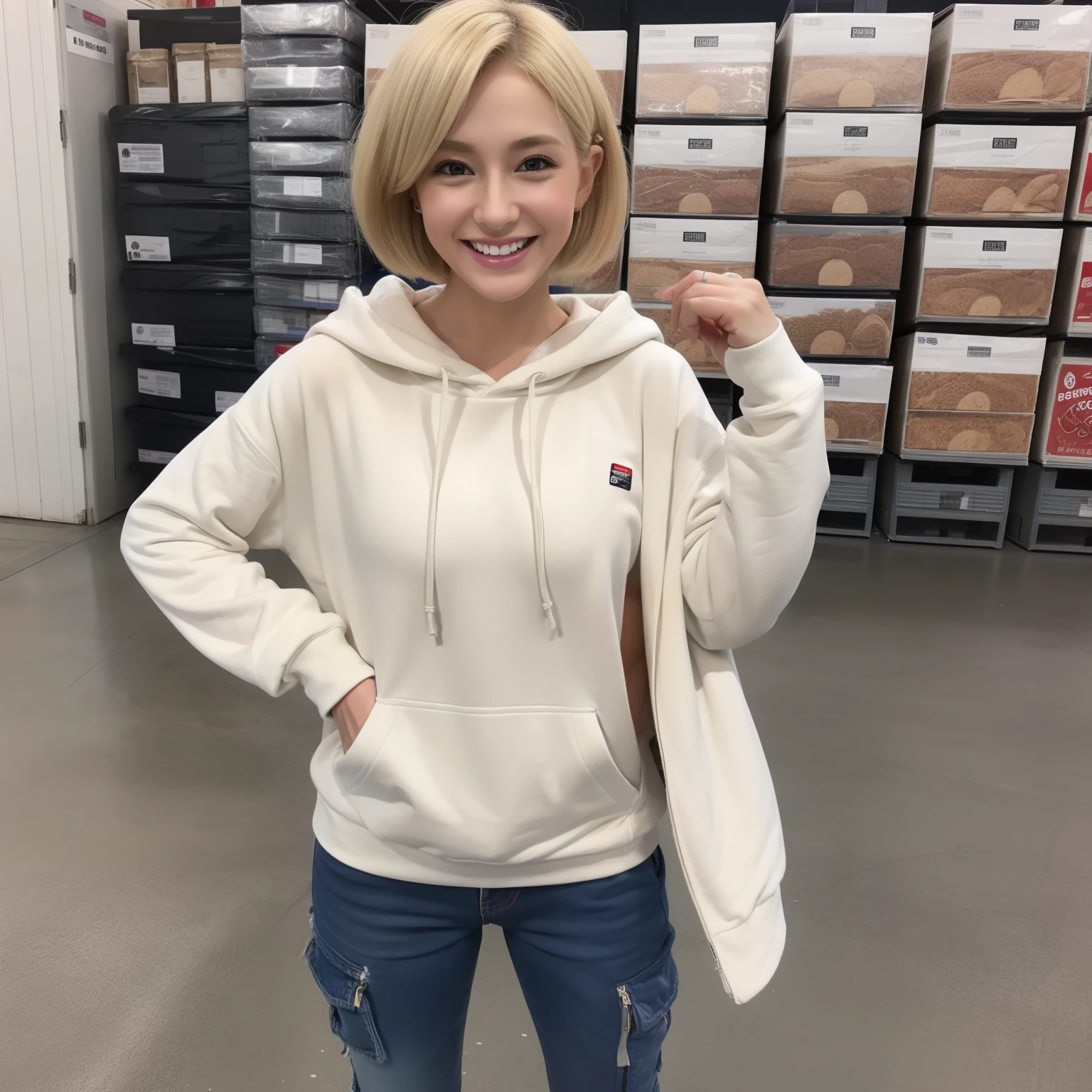 COSTCO、Full body solo shot、Plain hoodie、ample breasts、Cargo pants、30-year-old gal、Blonde Gal、Solo Shot、Short Bob Hair Gal、Blonde Gal、Alone、heavy eye makeup、The best smile