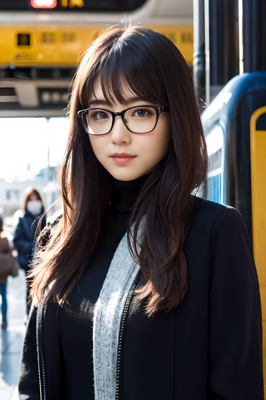 (8K、Raw photography、top-quality、masterpiece:1.2)、(realisitic、Photorealsitic:1.37)、ultra-detailliert、超A high resolution、女の子1人、see the beholder、beautifull detailed face、A smile、Constriction、(Slim waist) :1.3)、short-cut、Beautiful detailed skin、Winter clothes、Skin Texture、Floating hair、Professional Lighting、Wait for the platform train、Black square glasses 、Whole human body、Black hair、Stations in residential areas、