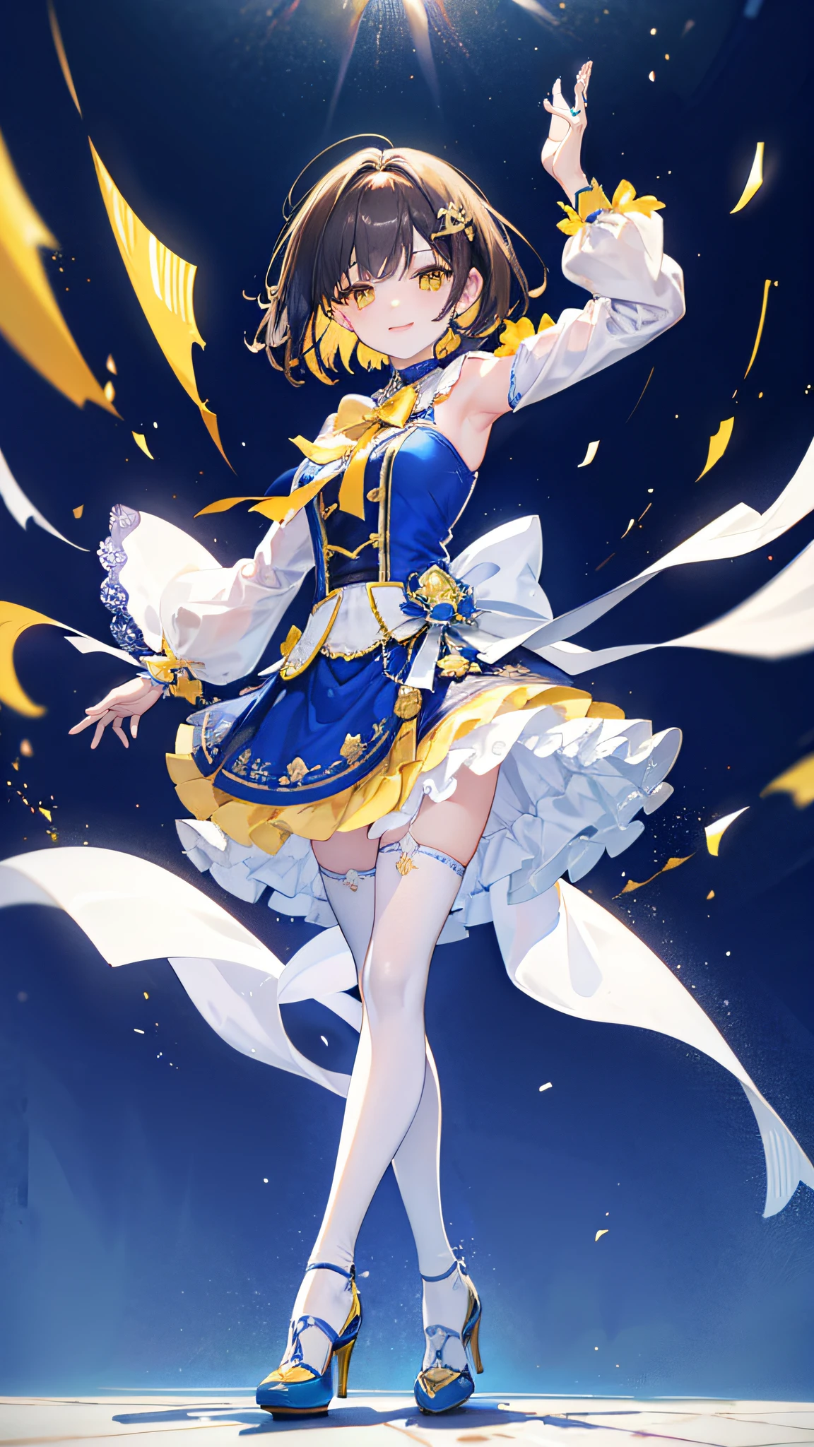 brunette color hair,short detailed hair,By bangs,Yellow eyes,adolable,s girl,Idol performance costumes,idol clothes,White silk knee socks,Wear high heels on your feet,full-body photo on the front,All body,Fingers and arms are not exposed,Smile Expression,Happy and happy expression,Background sky,The background of blue sky and white clouds