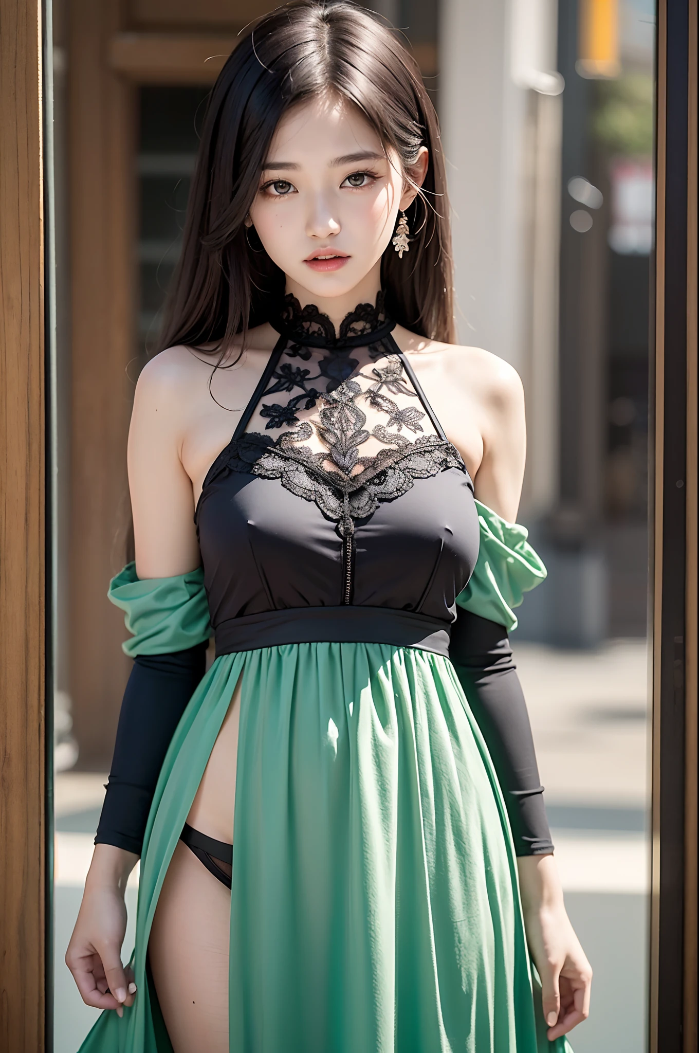 Teenage VN10,、jaw-dropping beauty、Eye-popping good looks、Wearing a gorgeous long maxi dress、Wearing (Sukeskate Long Maxi Dress:1.3),Wear ultra-realistic pantyhose、realistic skin textures、shinny skin、Exposed thighs!!!