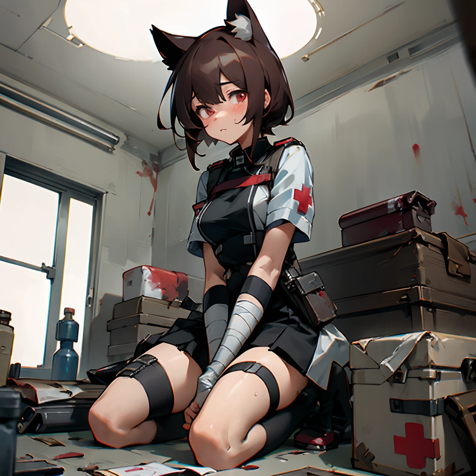 1 girl, ((masterpiece)), 8k, artstation, ultra high quality, ultra high detail, ((ultra high resolution)), glowing red eyes, brown hair, cat ears, surgical gloves, doctor, ((combat medic)), military, tactical, (pouches), tactical pouches, battlefield, close quarters combat, blood, white uniform, red cross, first aid, suture kit, indoors, pool of blood, bullet holes, war zone, medkit, hospital, patient, grave injury, medical clothes, doctor's attire, field medic, medical supplies, bandages, anti-biotics, morphine, bandaged knee, tired expression, tired, tourniquet, combat boots, black skirt, medical bed, medical kits, black socks, kneeling towards viewer, (hands between legs), 1 bandaged knee, bonesaw, thermometer