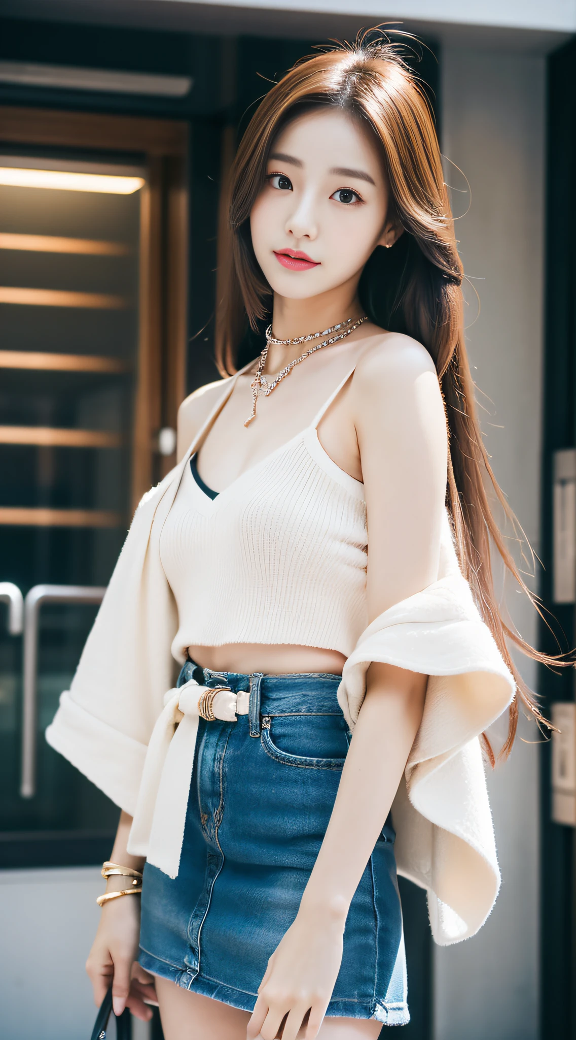 surrealistic、top-quality、 超A high resolution、Nikon Z 85mm、(｛（Raw foto:1.2）｝)natural soft light、profetional lighting、 realisitic、Super live-action、Photorealistic miniskirt、Perfect raw legs、delicate legs、 perfectly proportions、A sexy、 ulzzang -6500-v1.1, detailed beautiful faces、A detailed eye,Detailed lips,Beautiful eyebrows,perfectly proportions、Japanese ido,Korean Idols,18 year old beautiful woman revealing fashion, Fashion influenced by Namie Amuro,Amler,Amler Women,,９０Wearing the trends of the times,micromini skirt,Wear platform boots,City of Shibuya, Women with good style,Ideal woman,The shape of the chest is beautiful,１Woman,Necklaces that match fashion,A bracelet,piercings,gyuru
