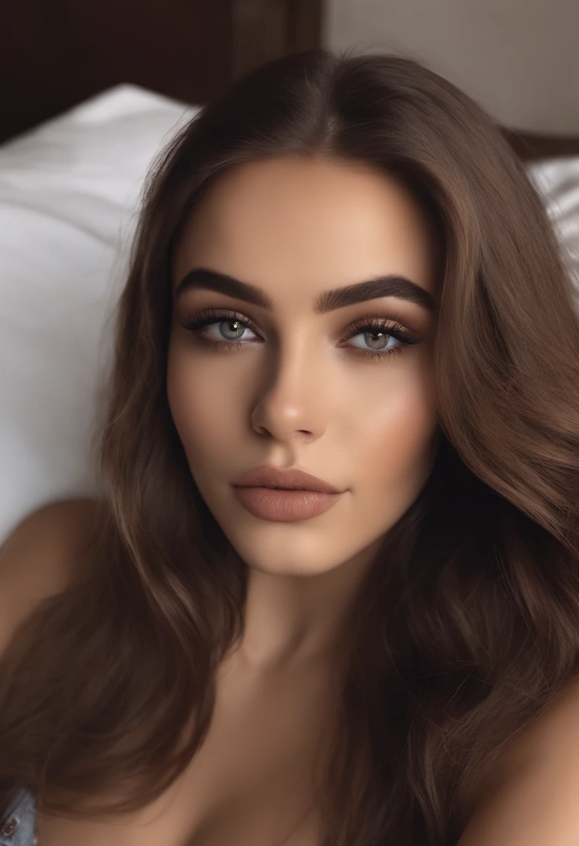 Arafed woman completely , fille sexy aux yeux bruns, at club ultra realist, Meticulously detailed, Portrait Sophie Mudd, cheveux bruns et grands yeux, selfie of a young woman, Dubai Eyes, Violet Myers, sans maquillage, maquillage naturel, looking straight at camera, Visage avec Artgram, Maquillage subtil, Great photo of the whole body kneeling on the bed, dans la chambre, Medium to large bust