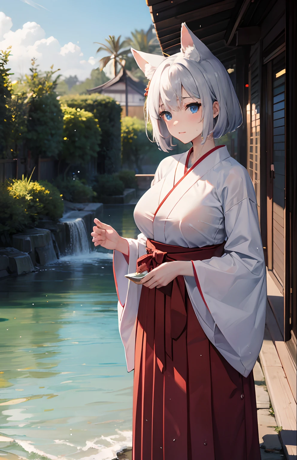 ​masterpiece,Top image quality,hight resolution,imagem 4k,Raw photo,Photorealsitic,{Solo},teens girl,Embarrassment,Silverberry Shorthair,stare at each other,Wet,Blue eyes,小柄,Colossal tits,Silver fox ears,Fox tail,Bathing in water,Luxury,a baby face,shrine maiden、hakama,boyish