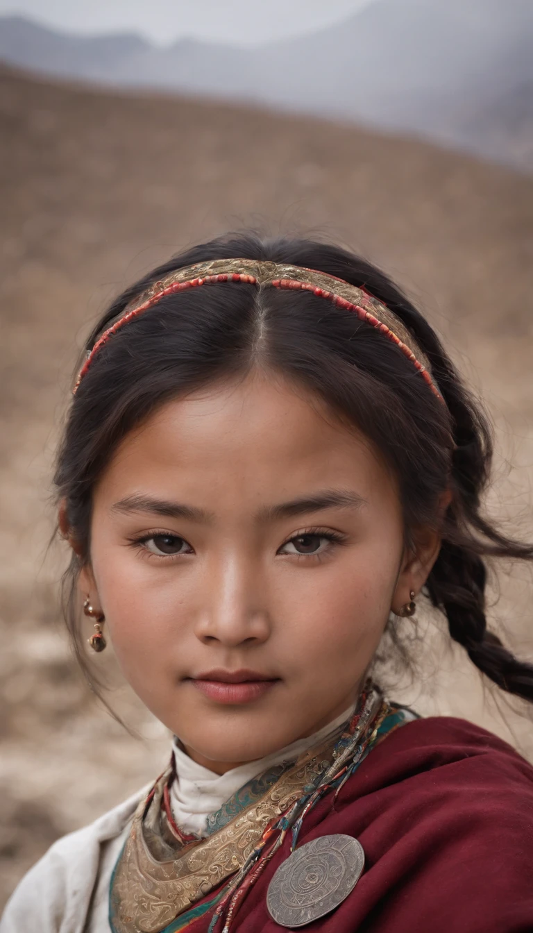 Tibetan cute girl,Tibetan snow ,1970's,White smoke,Full of movement ,hasselblatt,National Geographic photo,Semi-body shot, high-quality photo