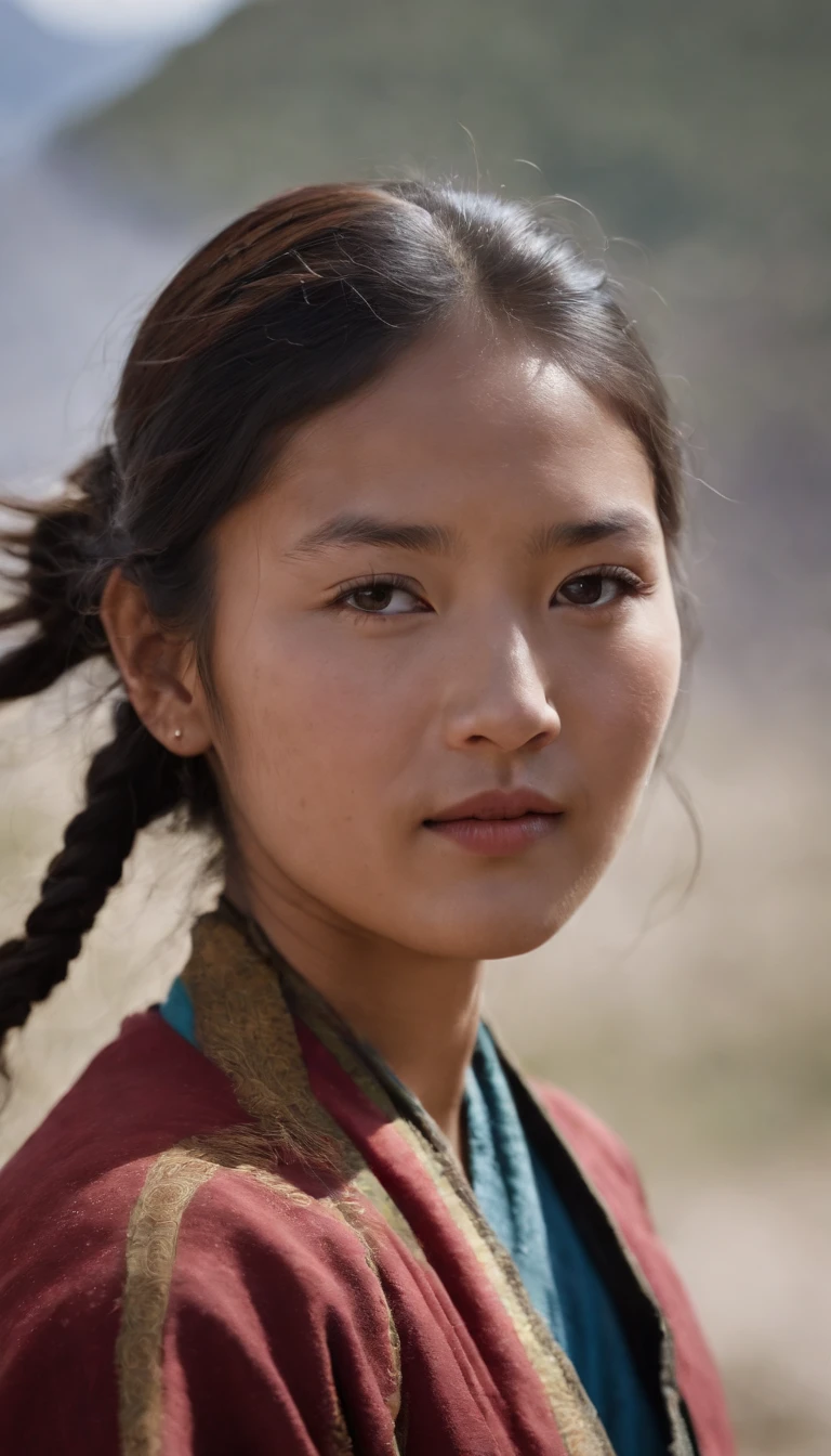 Tibetan cute girl,Tibetan snow ,1970's,White smoke,Full of movement ,hasselblatt,National Geographic photo,Semi-body shot, high-quality photo
