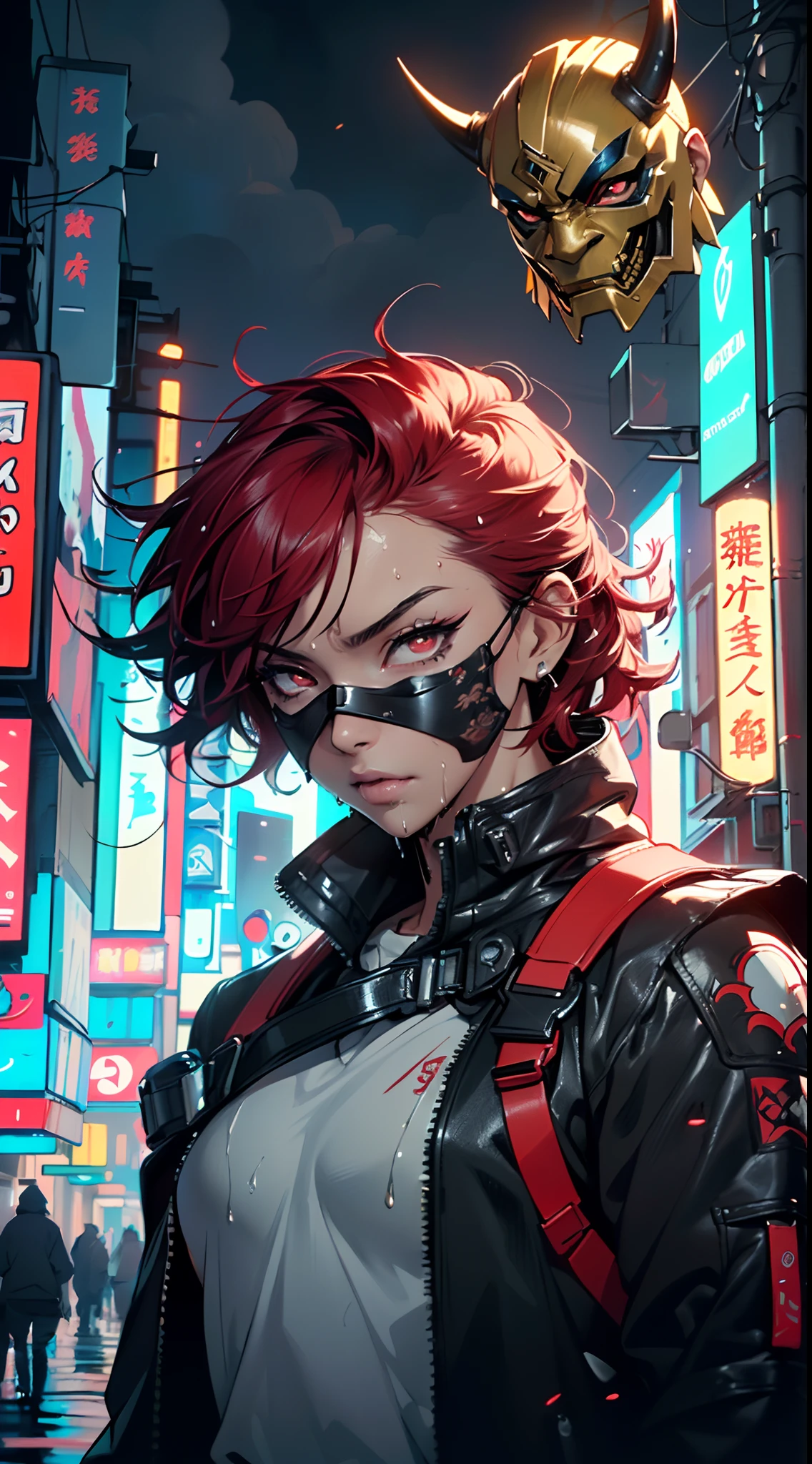 man:1.5,1 man,dwarf man,(((1man))),((man dwarf:1.5)),
(((1male,man:1.5,handsome man,male,male gender:1.5,male focus))),macho man,
((messy hair,red hair,colored inner hair)),(((red_eyes:1.2))),intricate eyes,beautiful detailed eyes,symmetrical eyes,((man dwarf)),((muscular)),((very broad shoulders and chest, dwarf body, very short stature:1.3, very small stature:1.3)),
dwarf,nsfw,
(((Hannya mask,cyberpunk oni mask, gaudi, demon mask, intricate mask))),(((detailed mask))),((masked face,covered face)),hot tone,hot,red ambiance,function style,dark style,dark fantasy,angry,cyberpunk,Japanese,samurai,intricate pattern,((wet clothes,intricate outfit,intricate clothes,intricate uniform)),
(dynamic pose:1.0),solo focus,(centered,scale to fit dimensions,Rule of thirds),
cyberpunk city by the ocean at night, with bright neon signs and dark stormy clouds and puddles, scenery:1.25,
highres, sharp focus, (ultra detailed, extremely detailed), (photorealistic artwork:1.37),(extremely detailed CG unity 8k wallpaper),((synthwave background theme)),(((vibrant colors))),(intricate background),(masterpiece),(best quality),