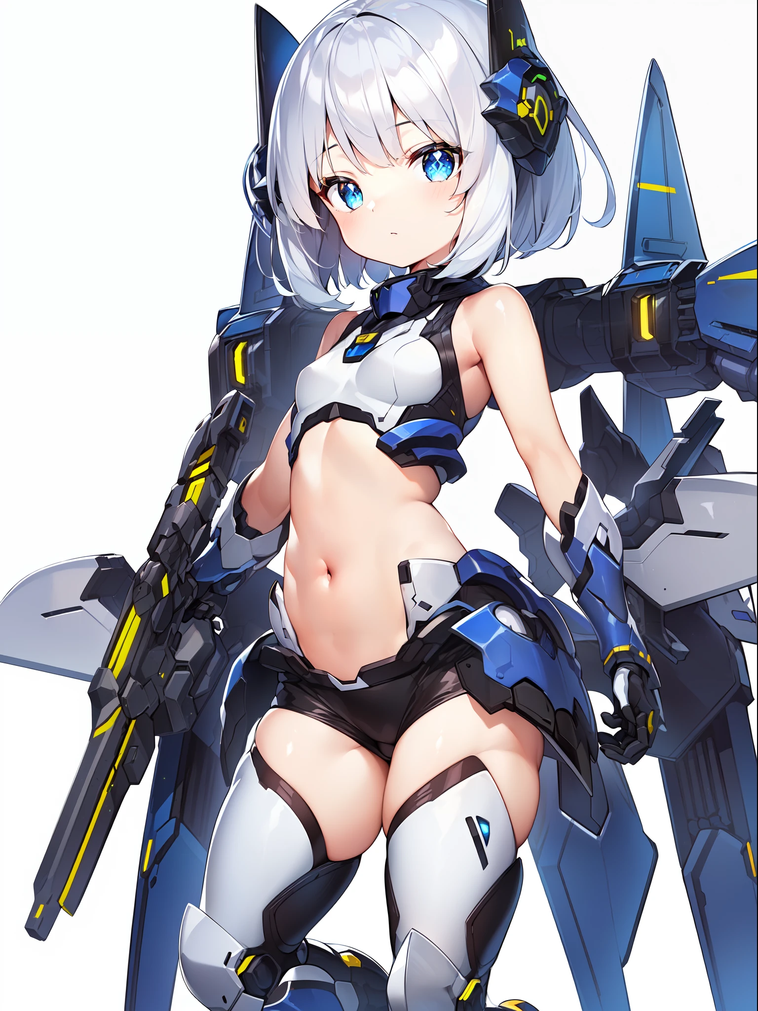 [(NO BACKGROUND:1.5),::5] (WHITE BACKGROUND:1.5), [(mecha musume:1.5)::,5] (tight armor:1.5), (loli:1.5), [(SYMETRICAL:1.5),::5] standing, (default pose:1.5), full body, (1girl:1.5), solo, masterpiece, highres, 4k, high quality, digital art, sparkling eyes, (loli:1.4), armor, (white armor:1.4), (blue stripes:1.2), (futuristic armor:1.3), blue eyes, white hair, (body armor only:1.5), (thigh:1.3), (small breasts:1.4), short hair, (bare arms, bare hands:1.4), (navel cutout:1.3), navel