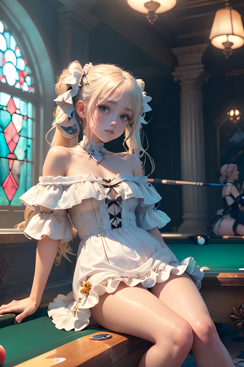 ((())),the Extremely Detailed CG Unity 8K Wallpapers), most beautiful artwork in the world,((())), 1 girl in ,Petite girl with blonde twin tails,((White off-the-shoulder ruffled dress)),((stain glass)),chandeliers,((())),((())),((())),((())),((())),((())),(((,Piece of art))),(((Pool)))),(((billiards))),(((Masse posing while sitting on a pool table)))