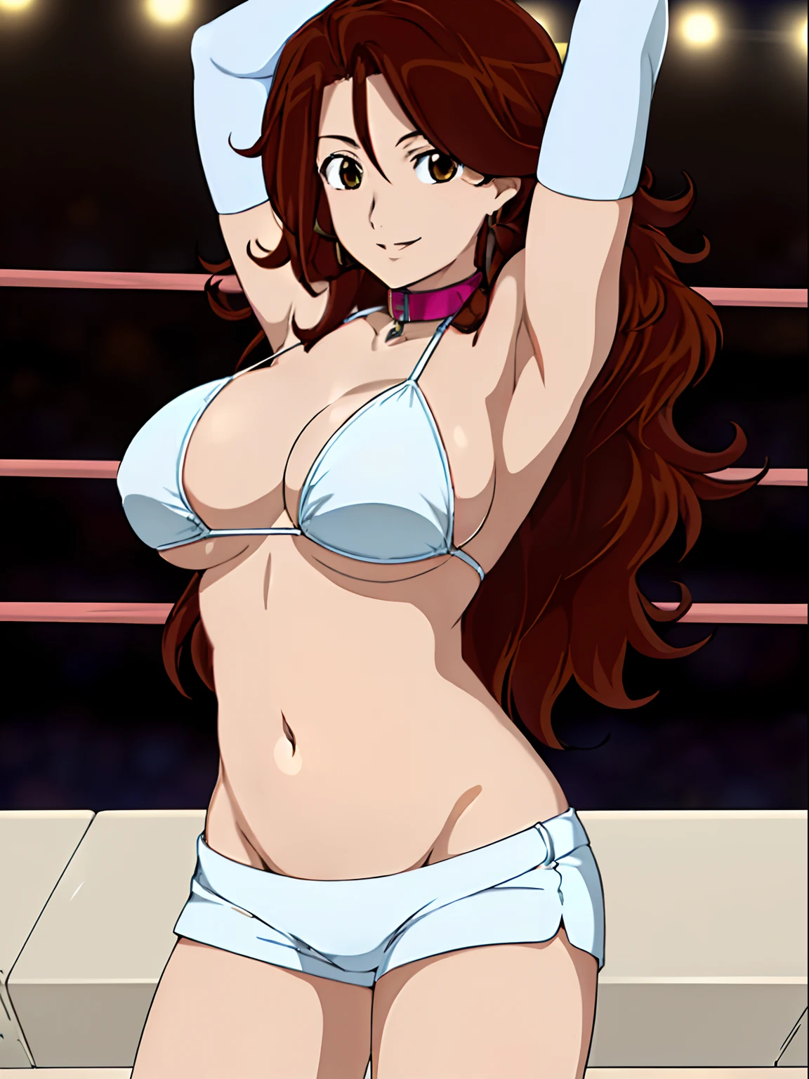 body view, anime style: 1.8, anime drawing, ultra detailed face, ultra detailed body, 4k, Sumergai Lee Noriega, (standing), best quality, anime style, hires, highest definition, digital blending, bold drawing lines, ((wwe diva), (location: wrestling arena, crowds watching), ( slim body, little biceps, thighs, off-shoulders, (curvy: 2.8)), ((white bikini, shorts, groin, white gloves, collar, elbow pad)), victorious, winner, gentle, (pale skin, very big breasts, smile), (big eyes, brown eyes), (clapping), (brown hair, loose hair, curly hair, wavy hair, long hair, missy hair), 27 years old,