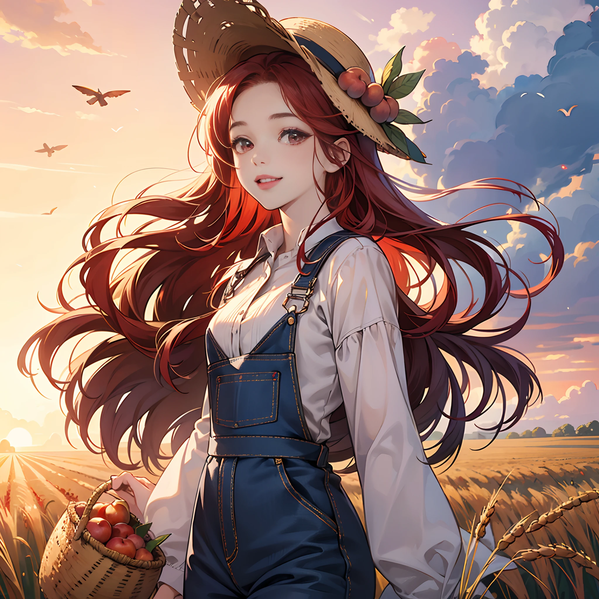 masterpiece、top-quality、16k、8k、4K、hight resolution、ultra-detailliert、Ocean wind、1 beautiful woman、The upper part of the body、big eye、Red Eyes、Looking at this、Thicker lips、red lipsticks、Slender eyes、Red-haired、Okappa、a straw fedora hat、Agricultural uniforms、Navy blue overalls、White long-sleeved shirt、Holding the basket in both hands、Fruits and vegetables in a basket、peaches、Grapes、apple、chestnut、Satsuma、Sunset sky、Little clouds、Great smile、Wheat field、A lot of red dragonflies are flying --auto