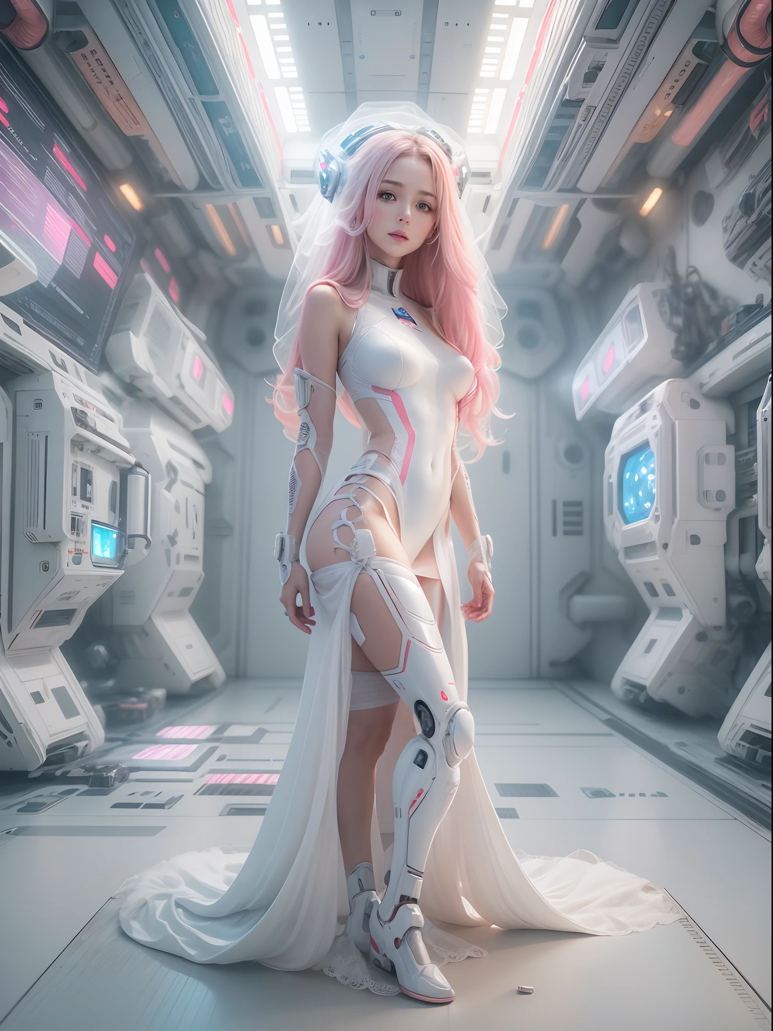 (Best Quality), Masterpiece, 8K, RAW, Cute white Silk Bride Naked,(Photo-realistic), white silk Dress, Pink long Hair, zero-gravity, Full-Body Portrait, soft Lighting, Mecha-Implants, (Cybernetics:1.2), Space-station, Particles floating in Air