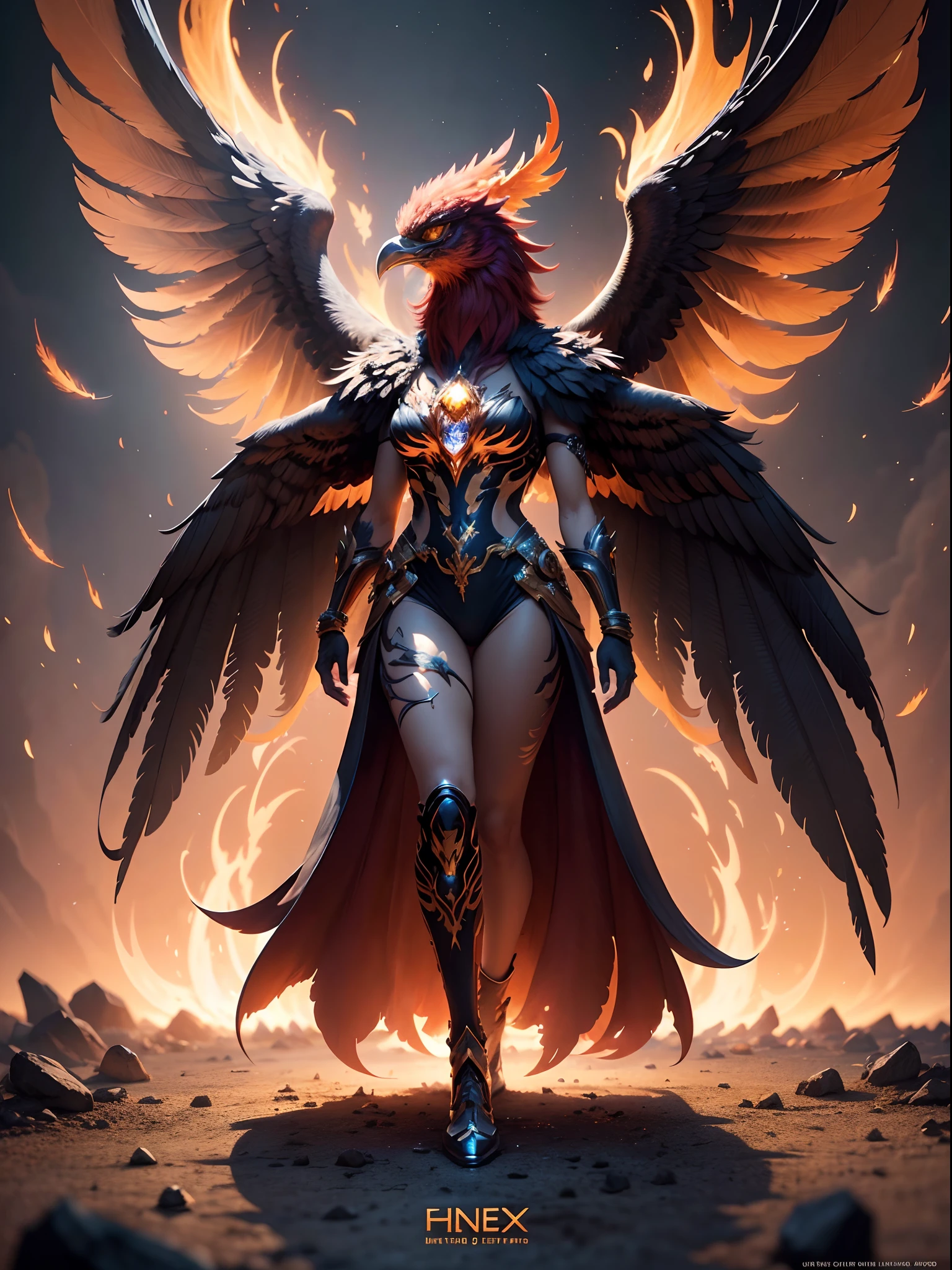 female anthro phoenix, highly detailed fur, medium breasts, full body, wings, golden chest armor, midriff, golden leggings, golden sleeves, bare shoulders, avian, fire