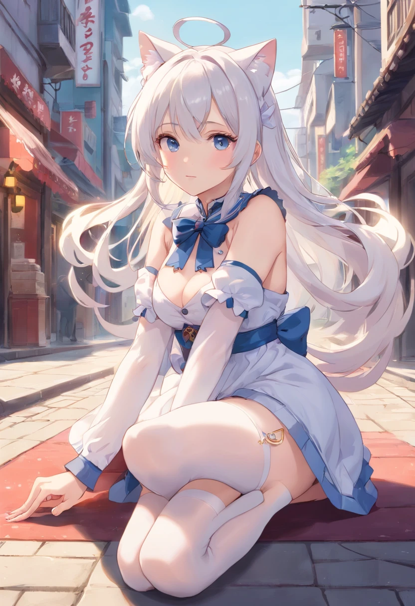 No shoes,Stand barefoot,masutepiece,Long whit hair,,In the city,Full limbs,s girl,The face is delicate,white color hair,double ponytail curls,blue color eyes,White Loliong-range shots,white stockings,There are cat ears on the head, robe blanche, silber hair, Cute anime waifu in a nice dress, white haired god, white-haired girl,with no underpants,Vacuum exposure,crouching down,Spread your legs apart ,masturbation,with no underpants,Revelation,legs separated, Lateral breast exposure, Chest exposure, Scratches, Vaginal opening, Revelation ,Vaginal opening, legs separated,Scratches,with no underpants,Revelation,The vaginal opening is exposed,Vaginal opening valgus,Scratches,masturbation,Masturbation behavior,incontinence,