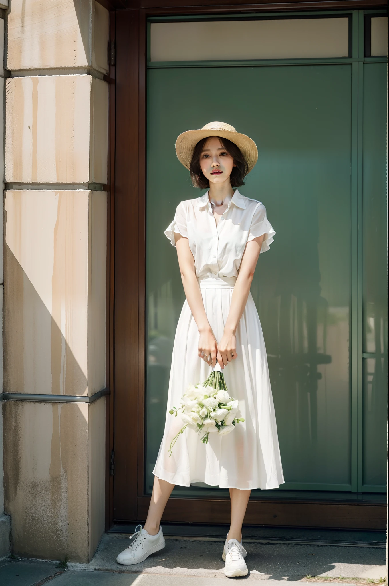 Short-cut hair、Beautuful Women、White shirt、Green long skirt、a straw fedora hat、Photograph the whole body、Feeling like you're meeting someone、Take your eyes off、Capture to your feet、White sneakers、Bouquet in one hand、