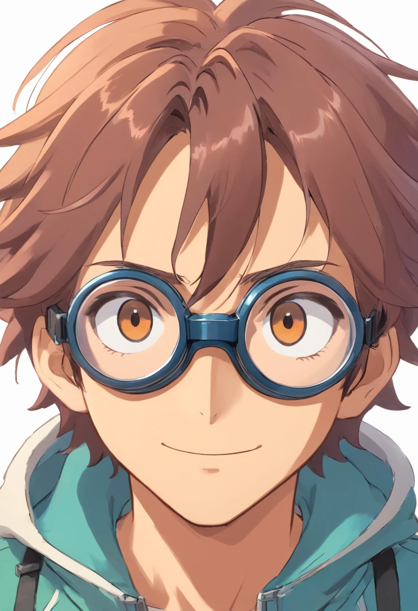 Cabelo cortado, homem, pardo, sem barba, rosto e sorriso lindo, olhos castanhos, wearing goggles, idade 18 anos, rosto lindo 4k