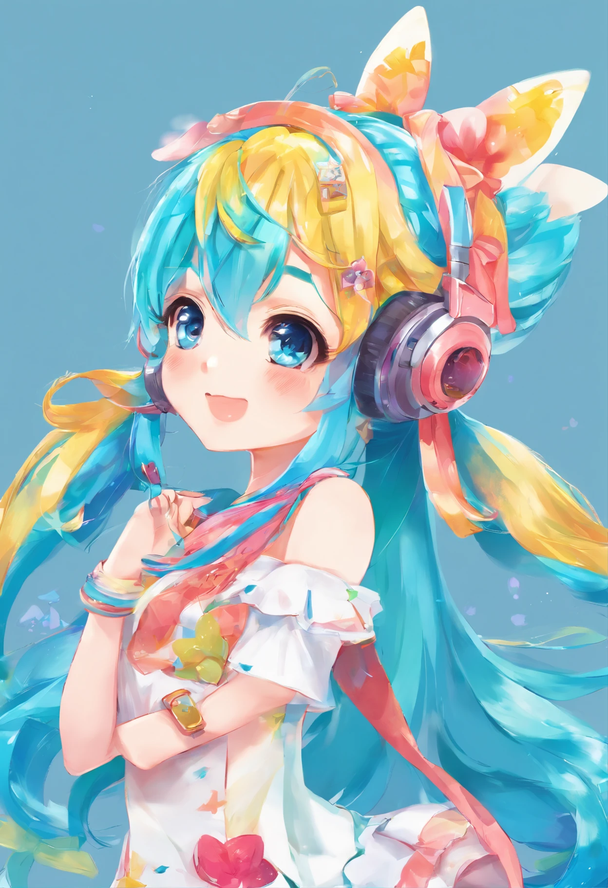 miku hatsune、tiny chest、Big eyes、Blue-haired、Twin-tailed、microphone、White background、Illustration on the chest、cute little、