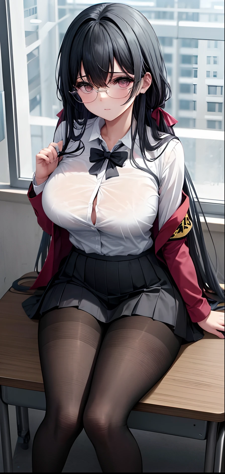 Masterpiece, best quality, 1girl,huge breasts, pantyhose, very long hair,open jacket,white shirt, closed shirt,skirt, sit on chair, from above, sadistic expression, pink eyes, classroom, window, modelling