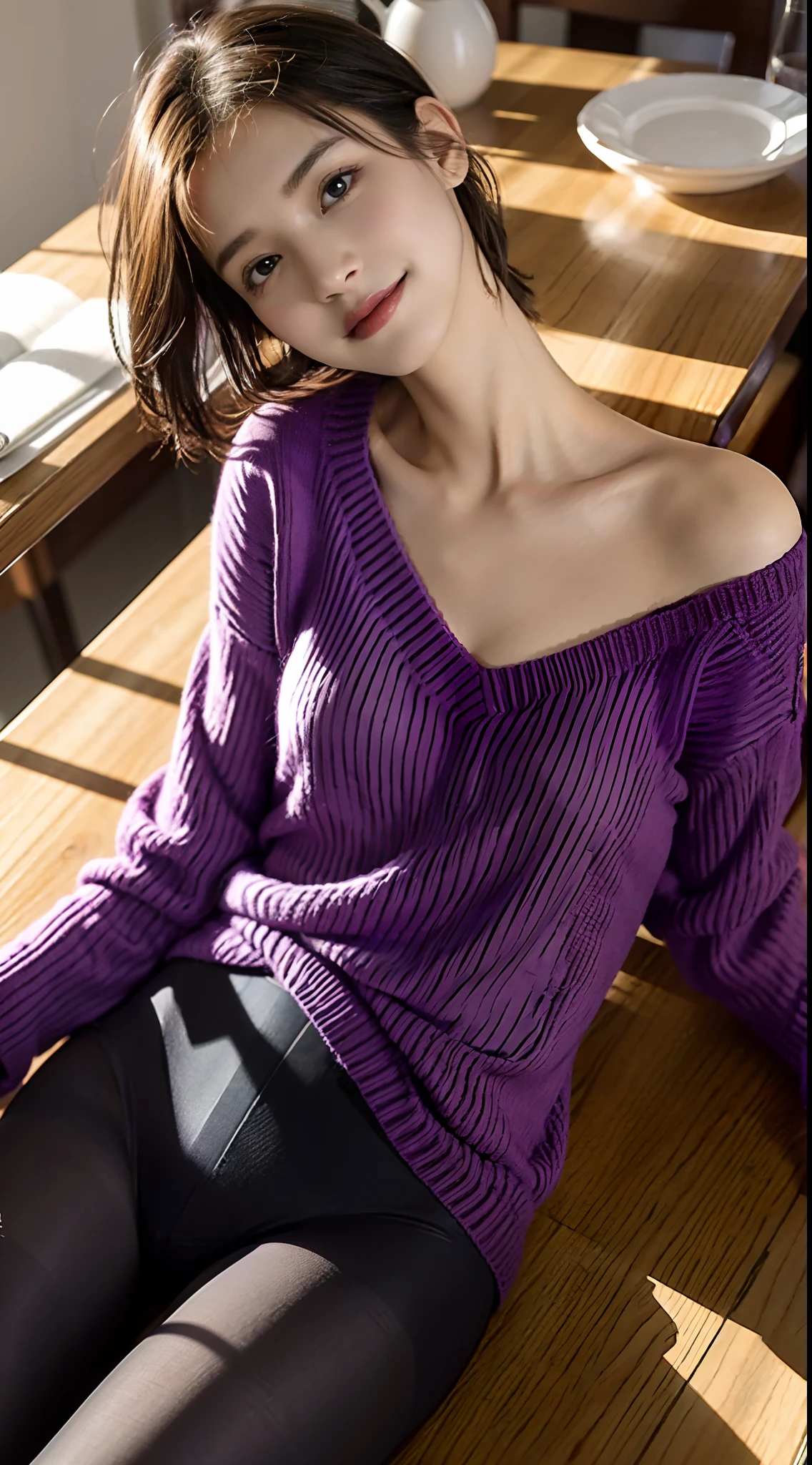 (Small lower chest,Tomboyish,small heads)),  (perfect bodies: 1.1), (short-length straight short hair: 1.2), attractive collarbone，（极其细致的CG 8k壁纸），（Extremely refined and beautiful），（masterpiece），（best qualtiy：1.0），（超高分辨率：1.0），upper body photos，[A high resolution]，cheerfulness，Smile，Smooth and flawless fair skin，ultra - detailed ，Elongated legs，（Small breasts:1.1),Flat chest,Slim，emaciated，No bra,After bath, (purple sweater:1.3),Cleavage,(purple pantyhose:1.3),At home, in dinning room,Close shot,nightfall，warm light，a dinning table,(Several dishes on the table:1.3),(Lying flat on back on the dining table:1.3),Top down overhead camera perspective