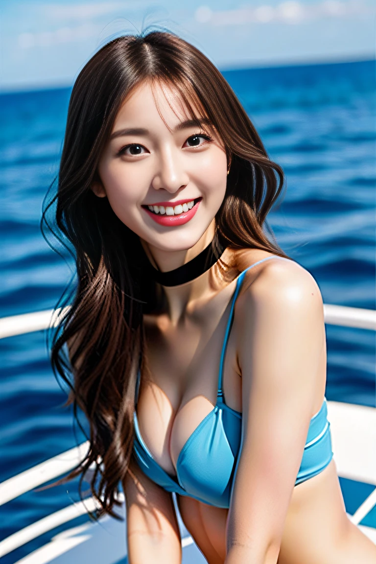 (((Draw only one woman: 2))), (Luxury liners sailing at sea)、(Beautiful Japan woman sitting on deck chair on deck outside cabin)、(Beautiful sunset over the sea)、Beautiful woman in fashionable bikini swimsuit、(( 1screen))、4K, RAW shot, top quality photo, ​masterpiece, Nice realistic photos, ((Anatomically correct proportions : 1.5)), ((perfectly proportions)), beautiful woman like a Japanese actress, a small face、Detailed face, Detailed eyes, Narrow Nose, Detailed fingers, detailed arms, Detailed skin, Detailed legs, (((short torso:1.1 ))), (( Slim Style)), (Slender waist), ((Slender thighs: 1.2))), ((Colossal tits: 1.5)), Small beautiful ass, (Glossy semi-long hair)、happily laughing、Angle from the side、(Big trying to tear their bras)、18-year-old beauty、a choker、耳Nipple Ring、A bracelet