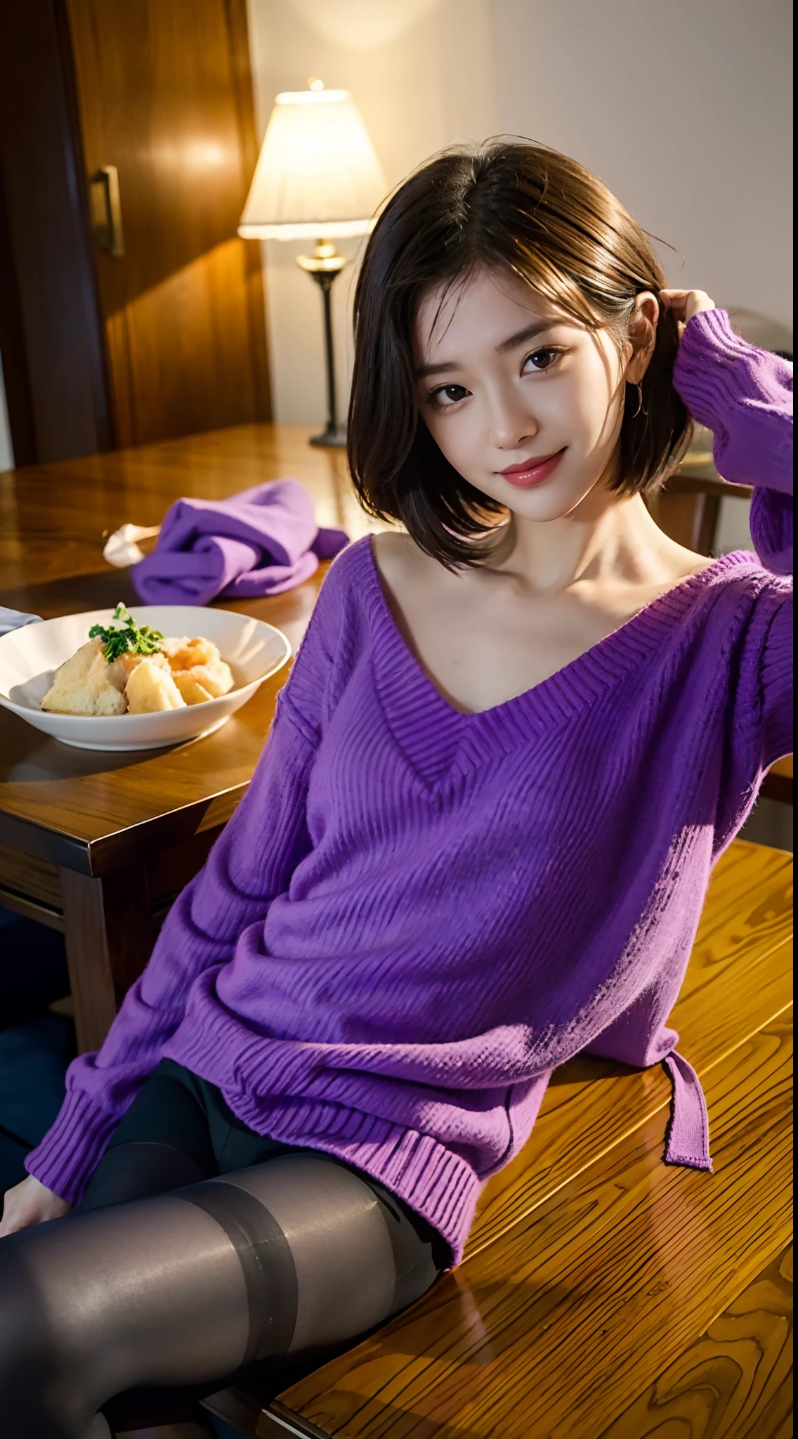(Small lower chest,Tomboyish,small heads)),  (perfect bodies: 1.1), (short-length straight short hair: 1.2), attractive collarbone，（极其细致的CG 8k壁纸），（Extremely refined and beautiful），（masterpiece），（best qualtiy：1.0），（超高分辨率：1.0），upper body photos，[A high resolution]，cheerfulness，Smile，Smooth and flawless fair skin，ultra - detailed ，Elongated legs，（Small breasts:1.1),Flat chest,Slim，emaciated，No bra,After bath, (purple sweater:1.3),Cleavage,(purple pantyhose:1.3),At home, in dinning room,Close shot,nightfall，warm light，a dinning table,(Several dishes on the table:1.3),(Lying flat on back on the dining table:1.3),Top down overhead camera perspective