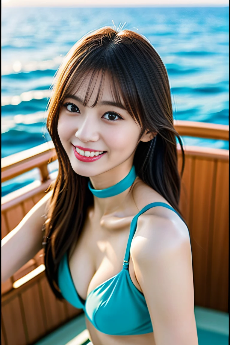 (((Draw only one woman: 2))), (Luxury liners sailing at sea)、(Beautiful Japan woman sitting on deck chair on deck outside cabin)、(Beautiful sunset over the sea)、Beautiful woman in fashionable bikini swimsuit、(( 1screen))、4K, RAW shot, top quality photo, ​masterpiece, Nice realistic photos, ((Anatomically correct proportions : 1.5)), ((perfectly proportions)), beautiful woman like a Japanese actress, a small face、Detailed face, Detailed eyes, Narrow Nose, Detailed fingers, detailed arms, Detailed skin, Detailed legs, (((short torso:1.1 ))), (( Slim Style)), (Slender waist), ((Slender thighs: 1.2))), ((Colossal tits: 1.5)), Small beautiful ass, (Glossy semi-long hair)、happily laughing、Angle from the side、(Big trying to tear their bras)、18-year-old beauty、a choker、耳Nipple Ring、A bracelet