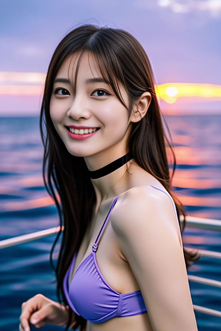 (((Draw only one woman: 2))), (Luxury liners sailing at sea)、(Beautiful Japan woman sitting on deck chair on deck outside cabin)、(Beautiful purple sunset over the sea)、Beautiful woman in fashionable bikini swimsuit、(( 1screen))、4K, RAW shot, top quality photo, ​masterpiece, Nice realistic photos, ((Anatomically correct proportions : 1.5)), ((perfectly proportions)), beautiful woman like a Japanese actress, a small face、Detailed face, Detailed eyes, Narrow Nose, Detailed fingers, detailed arms, Detailed skin, Detailed legs, (((short torso:1.1 ))), (( Slim Style)), (Slender waist), ((Slender thighs: 1.2))), ((Colossal tits: 1.5)), Small beautiful ass, (Glossy semi-long hair)、happily laughing、Angle from the side、(Big trying to tear their bras)、18-year-old beauty、a choker、耳Nipple Ring、A bracelet