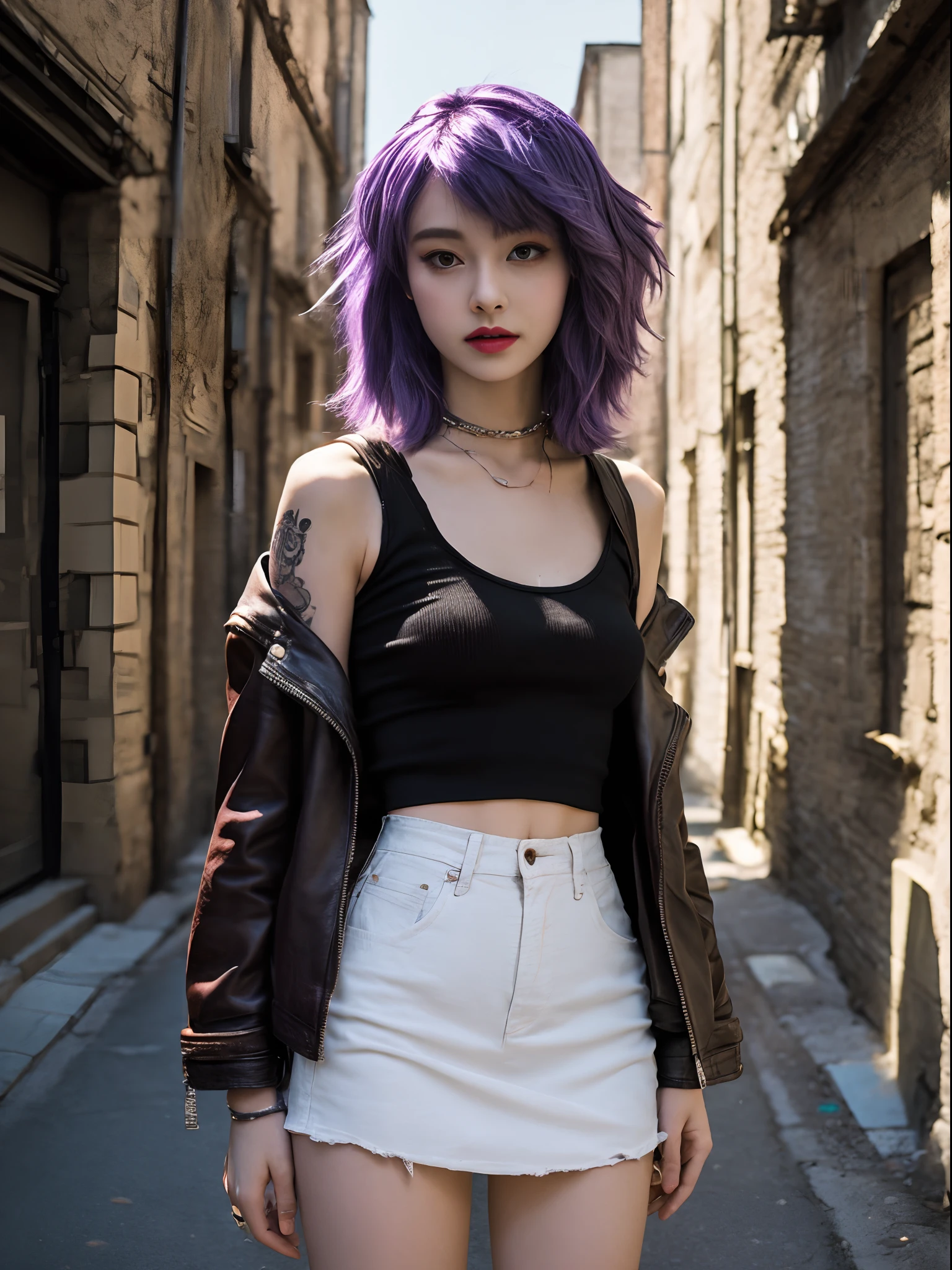 Photo of cute 18 year old punk girl,、(top-quality、in 8K、32K、masterpiece、((NSFW)))、(Photorealistic:1.4),Fancy makeup, shapeless punk hair,punk fashion、Tank top, Leather jacket, Miniskirts, A pink-haired, Red hair, Purple hair multicolor hair、Tattoos,、city street background、Backlight effect、depth of fields,Blurry background.