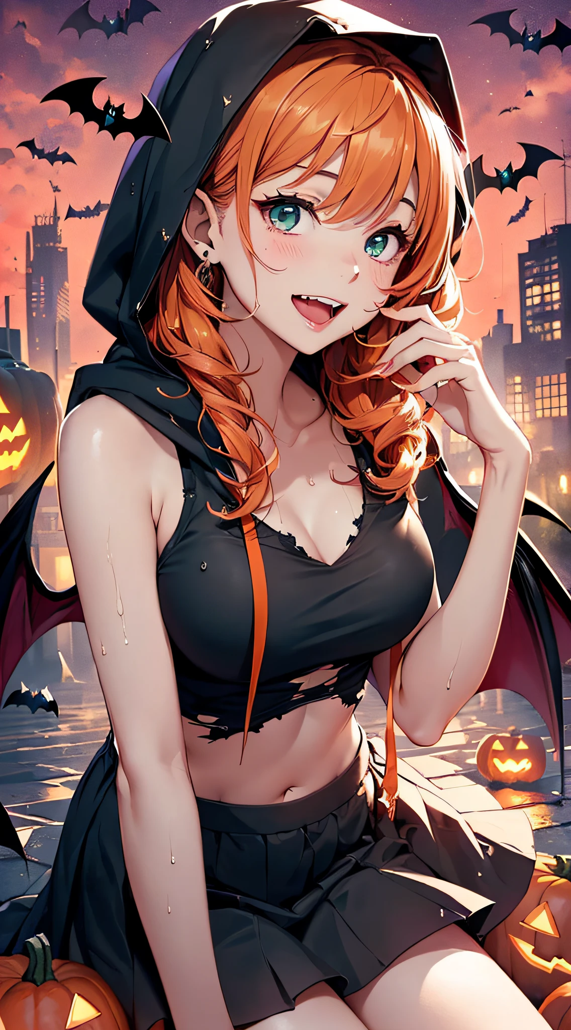 top-quality、Top image quality、masterpiece、teens girl((18year old,Succubus、Black and orange tattered tank top,Tattered orange and black short skirt、Tattered orange short-sleeved hoodie、Wearing a hood,Best Bust、Bust 85、A dark-haired、Longhaire,Blue-green eyes、open chest wide、Valley、Happiness、A slender、the whole body is wet、Leaning forward、Prank、Laughing mouth、Pointed teeth、Black wings、Pampering、Emphasis on the chest))hiquality、Beautiful Art、Background with((A city scape、Red sky、Red rain,Halloween、the bats、pumpkins))、masutepiece、Elaborate design、visualart、Theatrical films
