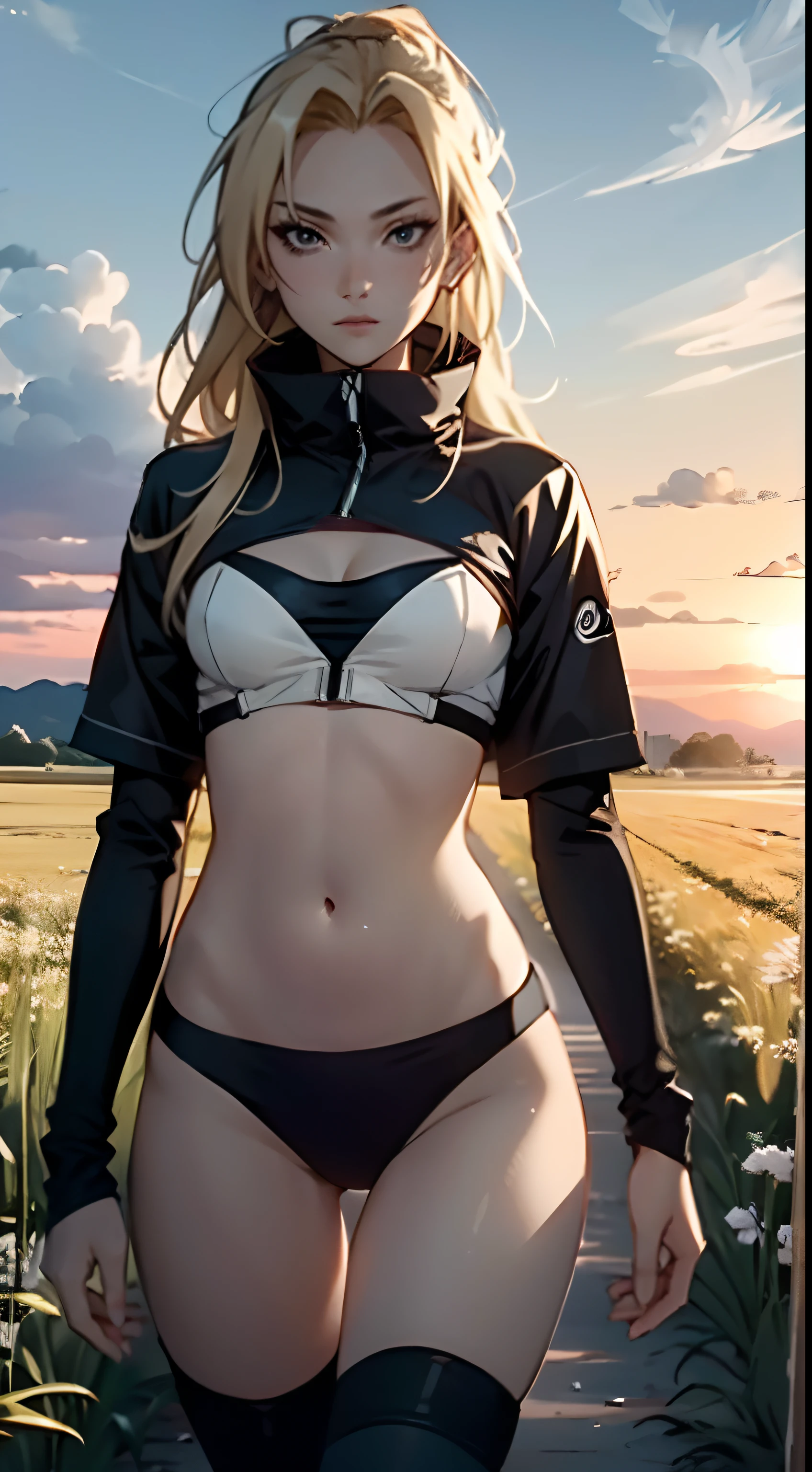 Create Tsunade from the anime Naruto in a sexy costume walking on a field, sunset horizon