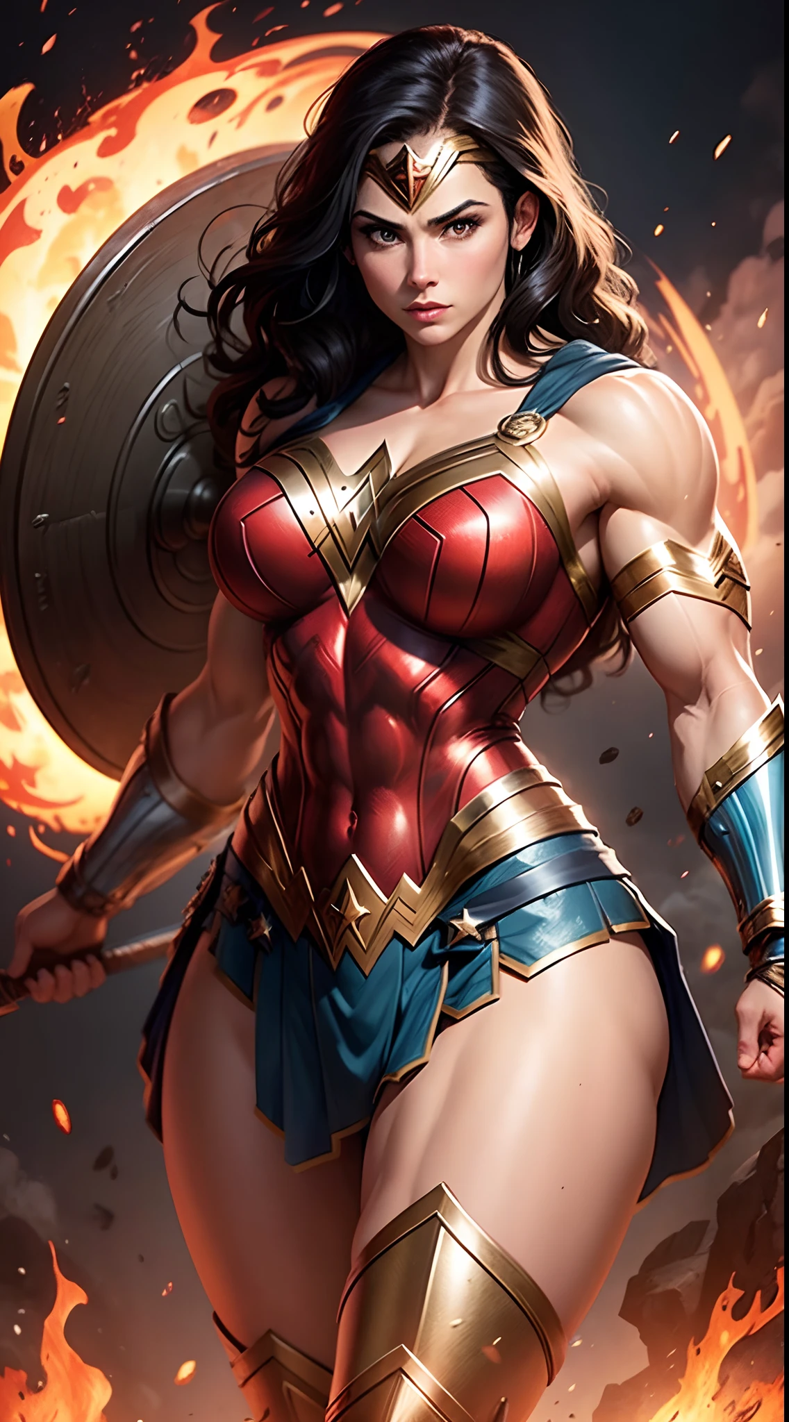 Hermosa mujer de cabello negro ondulado cuerpo muscular senos grandes cuerpo traje de Wonder woman de brazos cruzados piernas tonificadas de pie cara detallada cara seria vista desde arriba