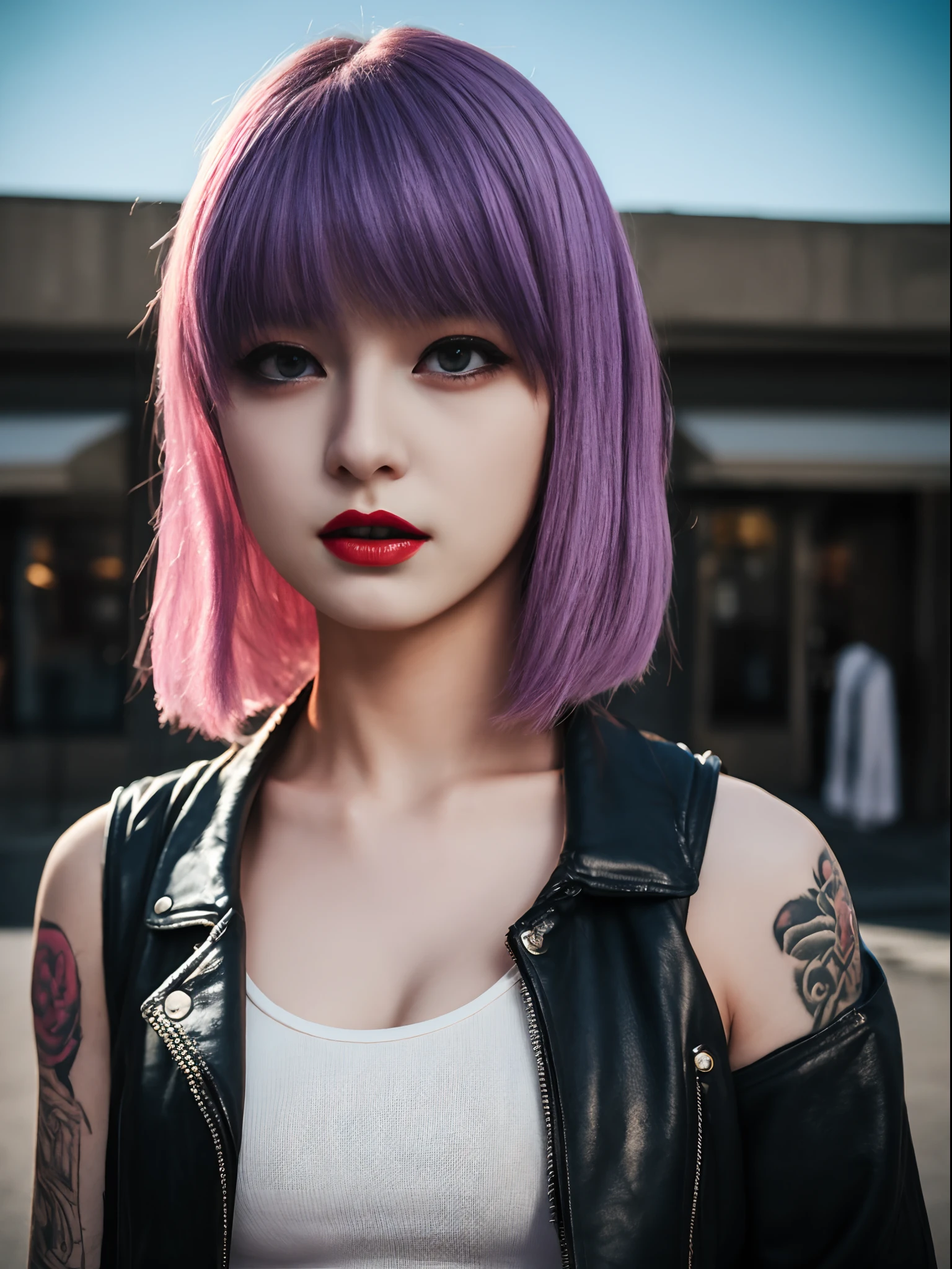 Photo of cute 18 year old punk girl,、(top-quality、in 8K、32K、masterpiece、((NSFW)))、(Photorealistic:1.4),Fancy makeup, shapeless punk hair,punk fashion、Tank top, Leather jacket, Miniskirts, A pink-haired, Red hair, Purple hair multicolor hair、Tattoos,、city street background、Backlight effect、depth of fields,Blurry background.