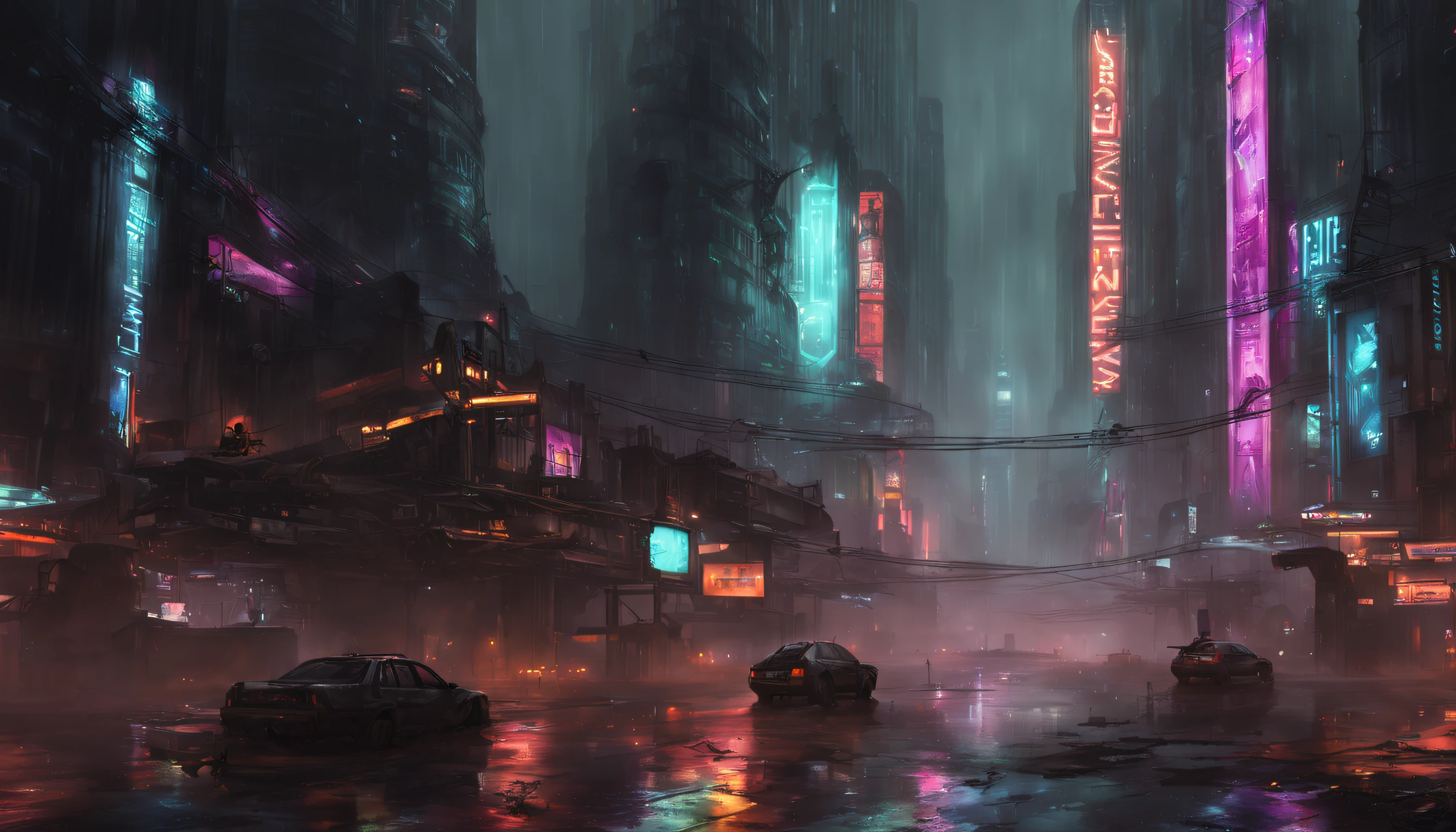 Craft a sci-fi cyberpunk wallpaper with a gritty, dystopian atmosphere. Showcase a rain-soaked cityscape with towering megastructures, holographic billboards, and characters in cybernetic enhancements.