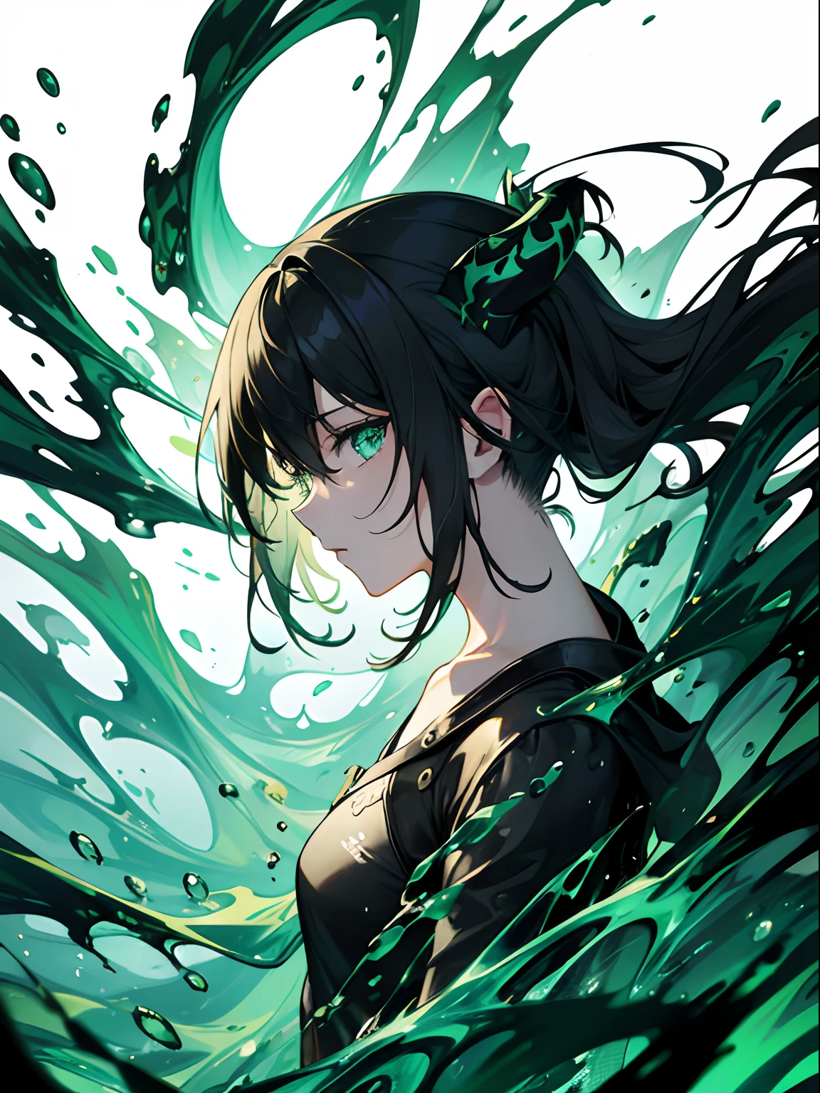 a girl, Star eyes, purple hair, Hoshino Ai (after the rain:1.5), sitting in a puddle, (night time, shining stars:1.3), (flower field, glowing, bloom, chromatic, colourful:1.3), (wet foliage:1.8)