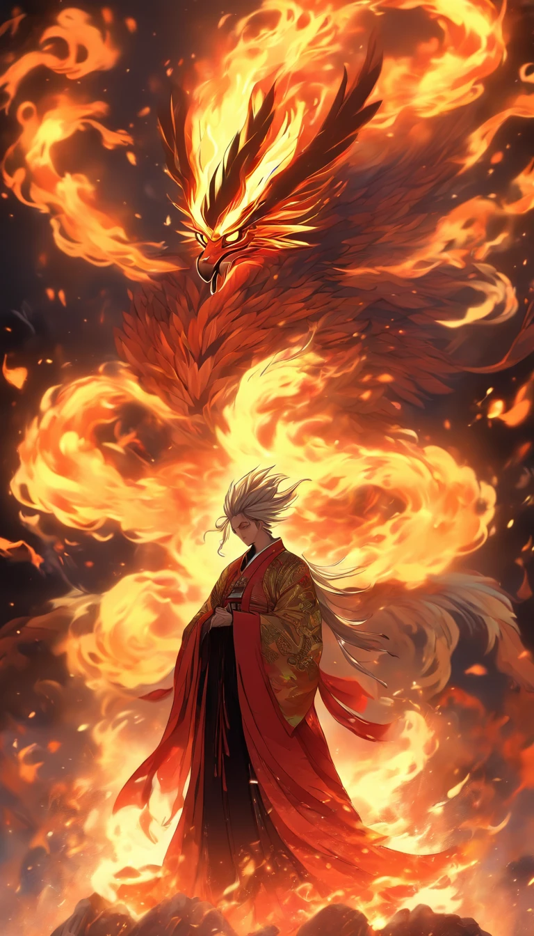 China-style,中景 the scene is,The Taoist priest stood in front of the huge firebird with spread wings,massive wings,Stretch your hands,Long messy hair,Glow effects,Hyper-realistic,Ultra photo realsisim,Chinese ink style,firey,rot,Smudge,Clouds,8K,super-fine,high qulity,(((OC renderer)))