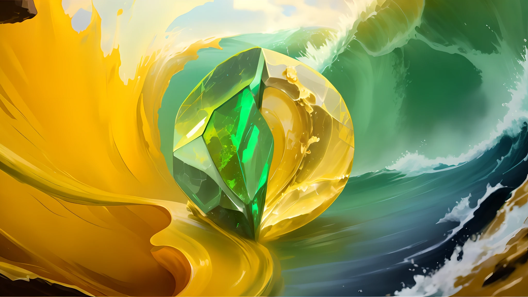 Masterpiece, best quality, one big gemstone half green and half yellow color, super detailed, surrounded by yellow and green waves of energy, sky and sea on the background