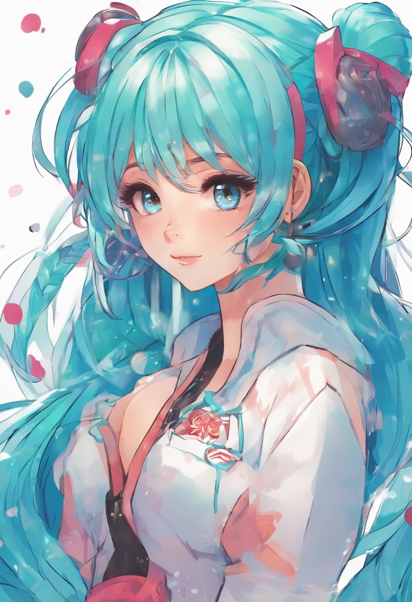 miku hatsune、tiny chest、Big eyes、Blue-haired、Twin-tailed、microphone、White background、Chest illustration、cute little、Shoujo manga style、without background、eyes large
