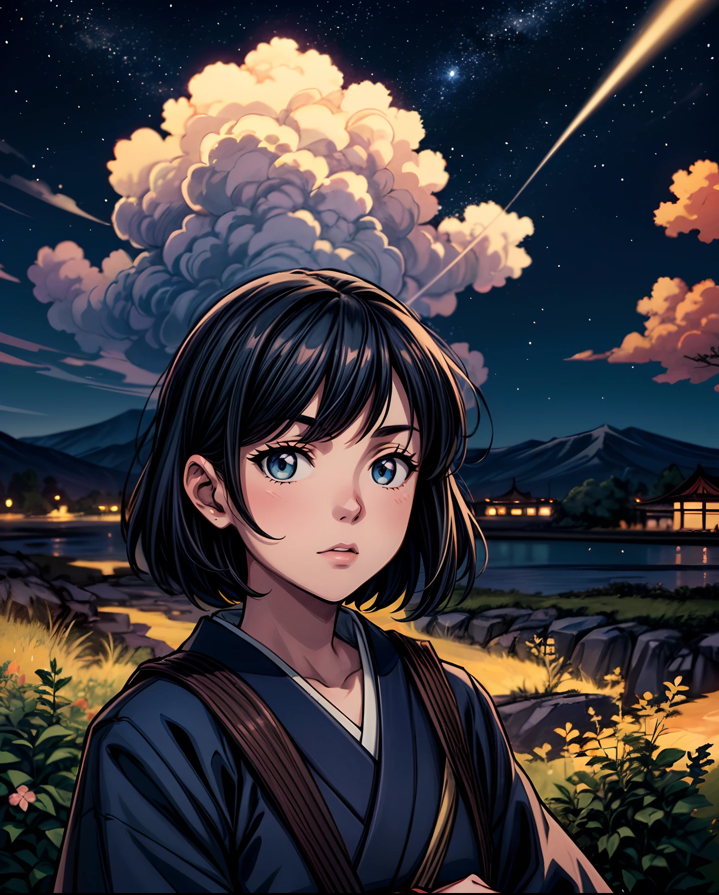 A mesmerizing Comic Strip in a 1.8 aspect ratio, set against a Japan-themed backdrop beneath a starry night sky. The narrative unfolds without text, conveying a captivating story through visuals alone. The scenes transport the viewer into a world of mystery and wonder, where the night sky holds secrets waiting to be discovered